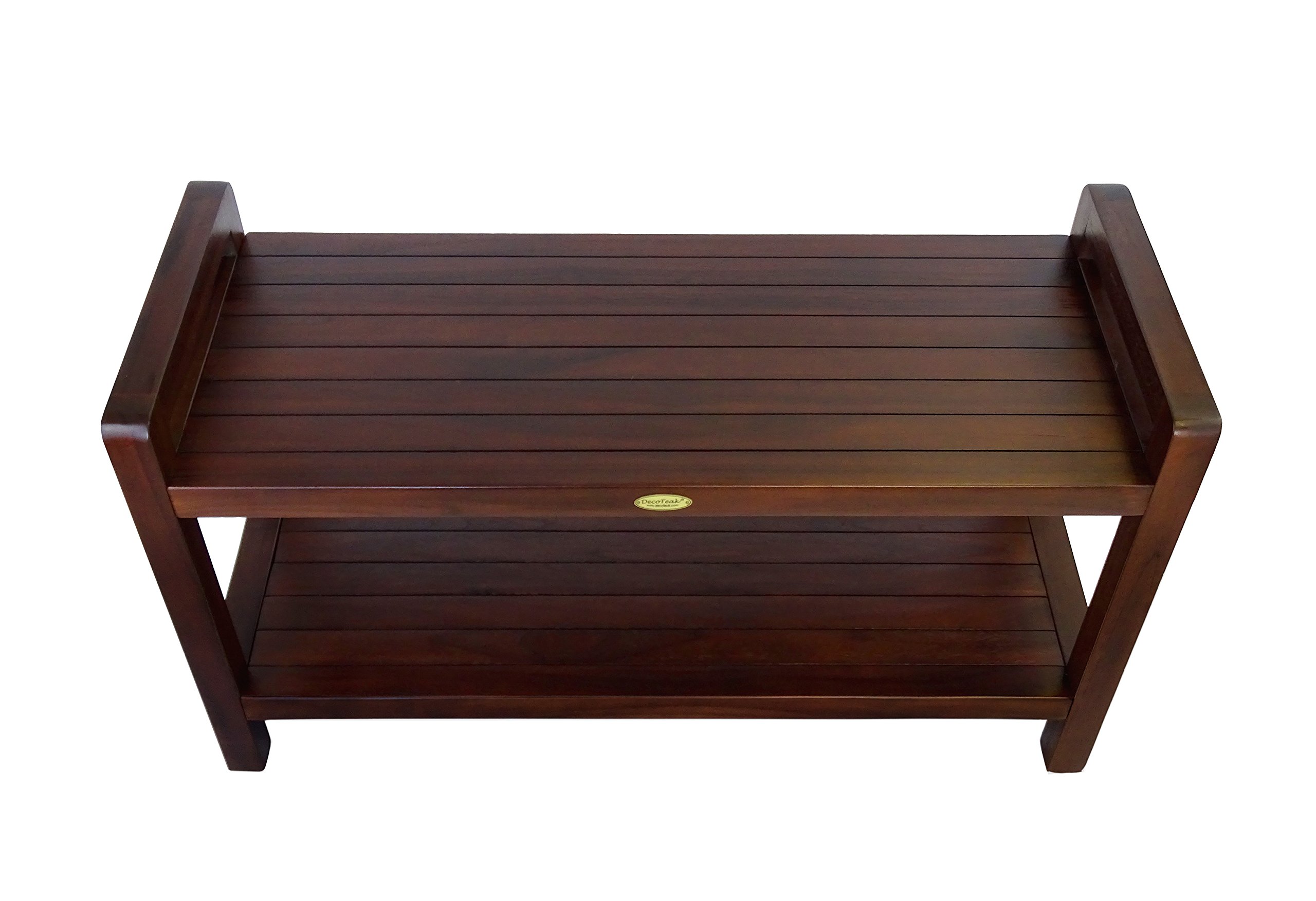 DecoTeak Eleganto 35 Inch Waterproof Teak Wood Shower Bench with Lift Aid Arms - Bathroom Stool Seat & Storage Shelf for Safety & Organization | Perfect for Elderly, Disabled & Spa Showers
