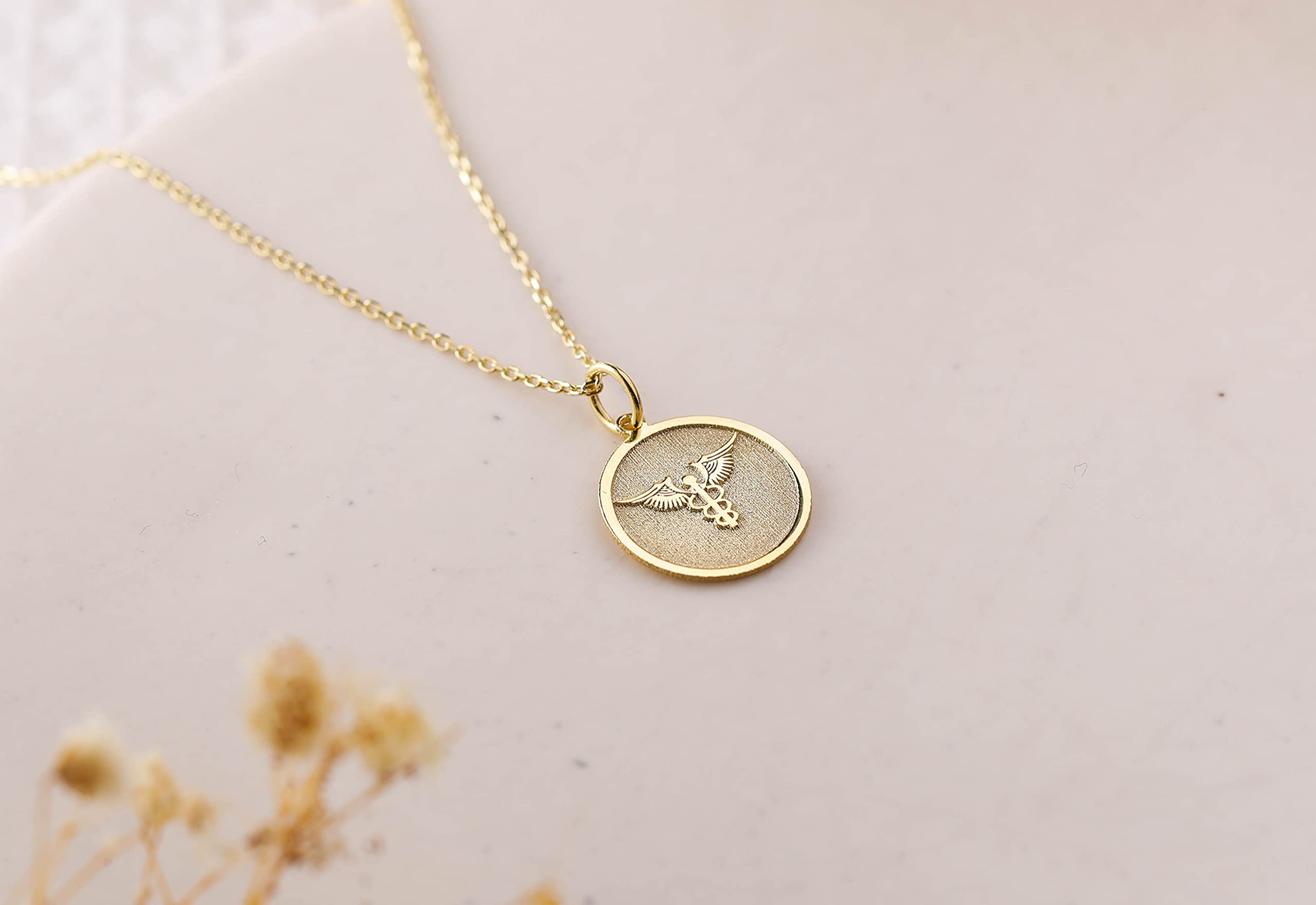 14K Gold Caduceus Medical Symbol Necklace - Personalized Doctor Nurse Jewelry Gift - Engravable Medical ID Pendant for Healthcare Professionals (Ideal for Graduation, Appreciation Gifts & Daily Wear)