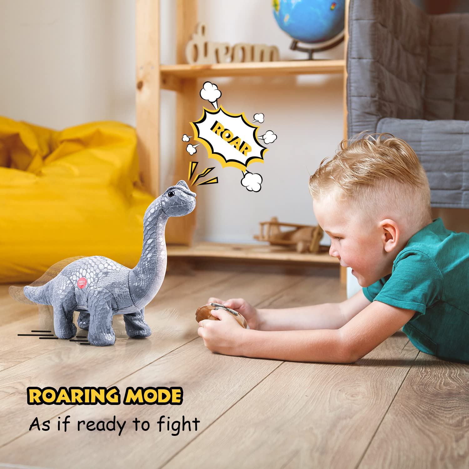 TOY Life Remote Control Dinosaur Toy - Electronic Walking Brontosaurus Plush Stuffed Animal for Kids Ages 3-7 | Fun Interactive RC Dinosaur Gift for Boys & Girls | Perfect for Birthday Parties, Indoor Play & STEM Learning