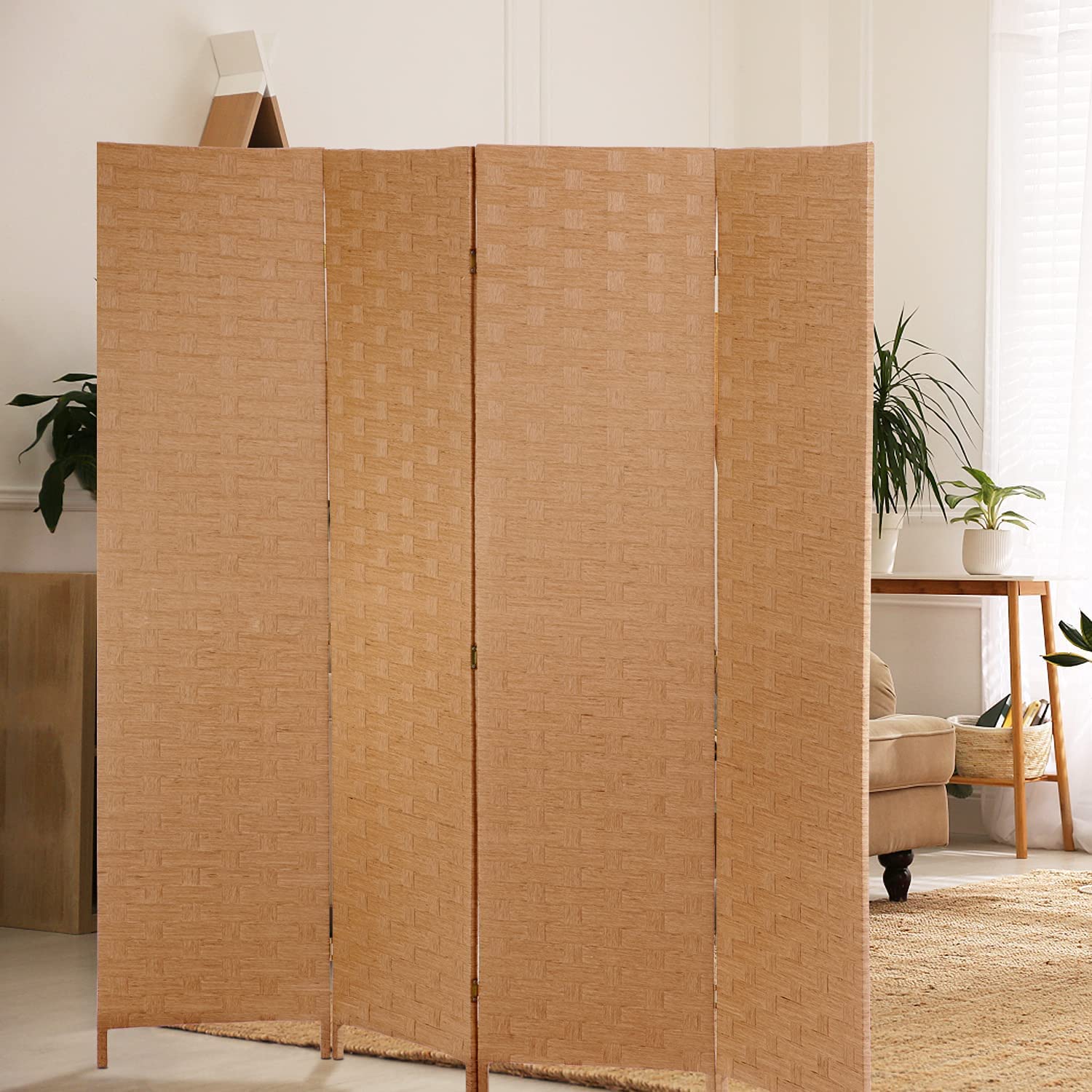 4 Panel Wooden Room Divider Privacy Screen - 72 Inch Folding Partition with Rattan Woven Design - Handcrafted Portable Wall Divider for Office, Patio, Bedroom, and Living Room - Natural Finish for Home & Commercial Spaces