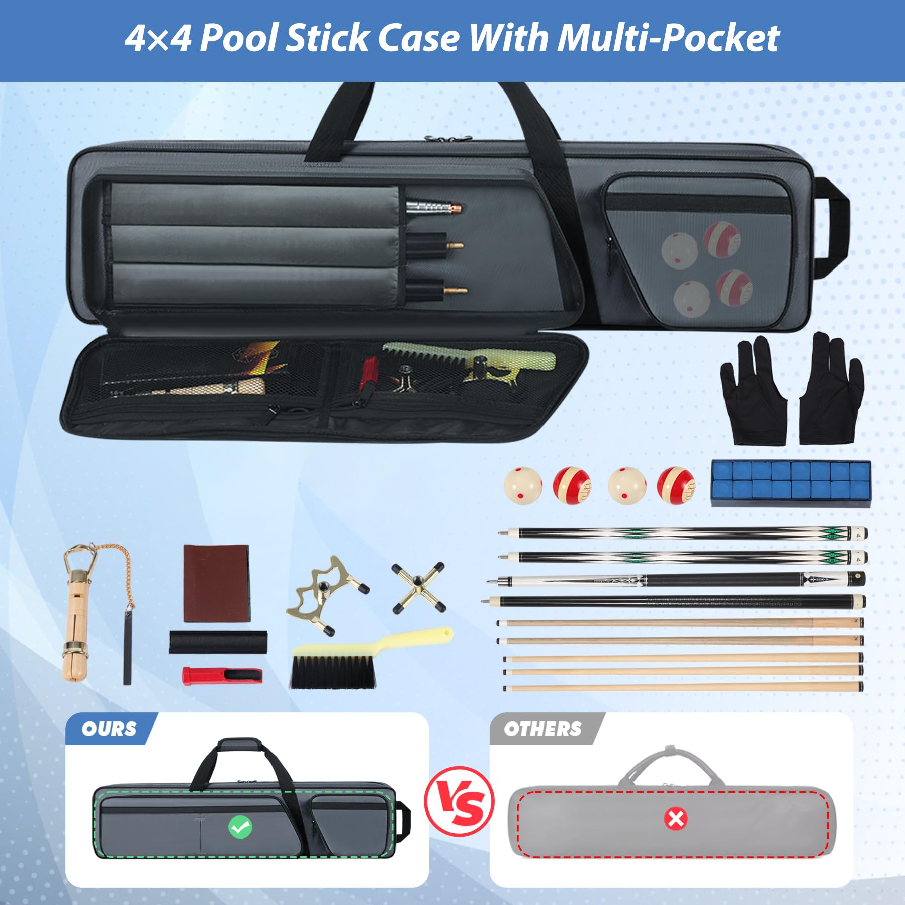 **Premium 4x4 Pool Cue Case - Thick Soft Flannel Billiard Stick Bag with Multiple Pockets for 4 Butts & 4 Shafts, Adjustable Shoulder Strap & Handle - Ideal for Pool Halls, Tournaments & Travel**
