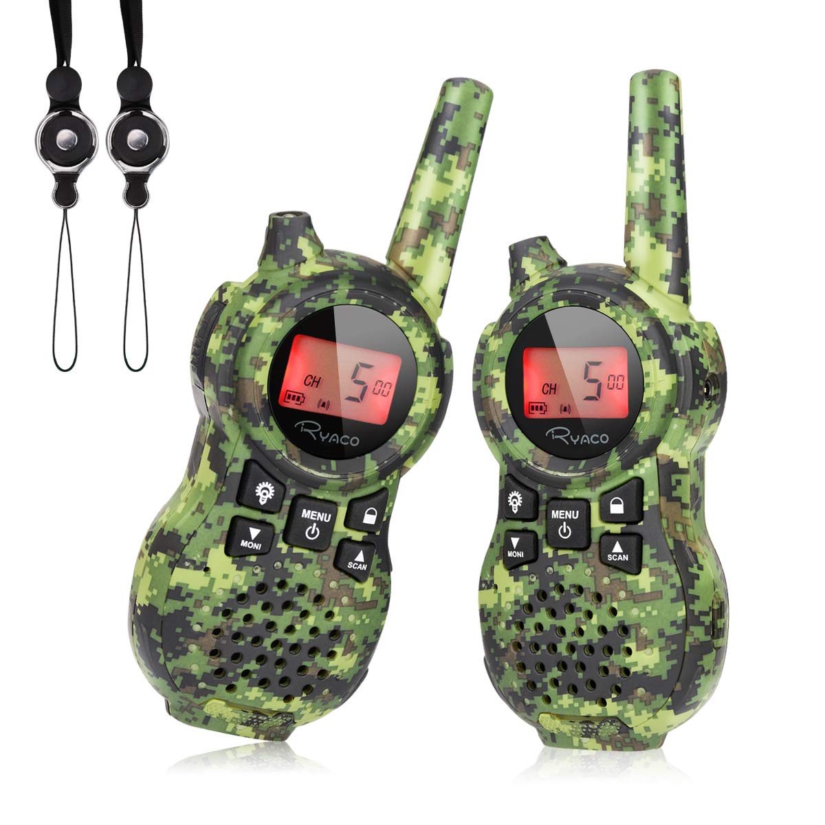 Ryaco Kids Walkie Talkie Set of 2 - 8-Channel Two-Way Radios with 3km Range & LED Flashlight for Hiking, Camping, Outdoor Adventures - Perfect for Children's Playtime, Backyard Games, and Family Road Trips