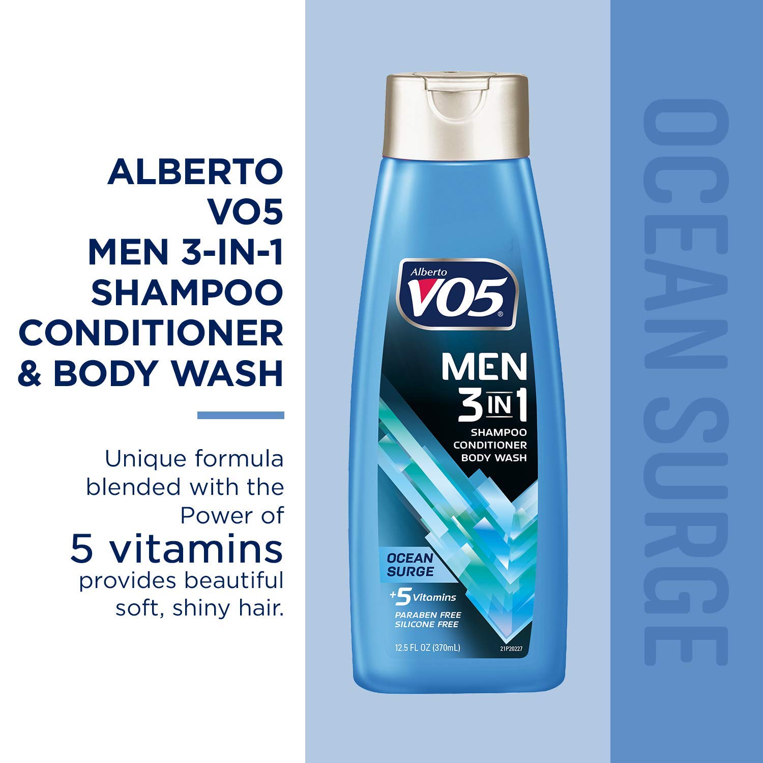 VO5 Men's 3-in-1 Shampoo, Conditioner & Body Wash - 12.5 oz Ocean Surge with 5 Essential Vitamins (A, H, C, B5, B3) for Hydrated Hair & Skin - Perfect for Gym, Travel & Daily Shower Routine