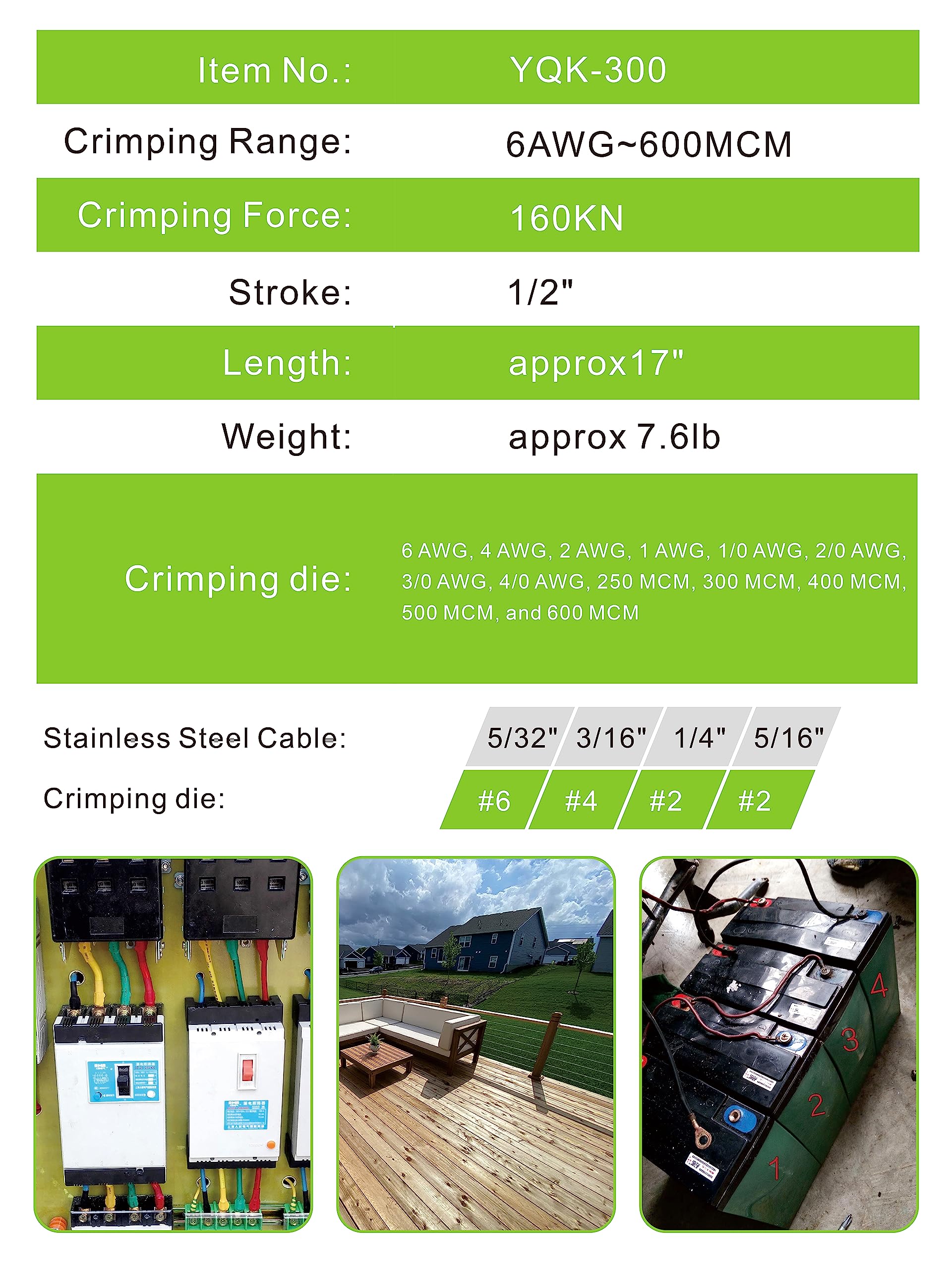 16 Ton Hydraulic Wire Crimper Tool with 13 Pairs Standard US Dies - Crimps 6 AWG to 600 MCM for Battery Cable & Lug Terminals | Professional Electrical, Automotive & Marine Wiring Applications