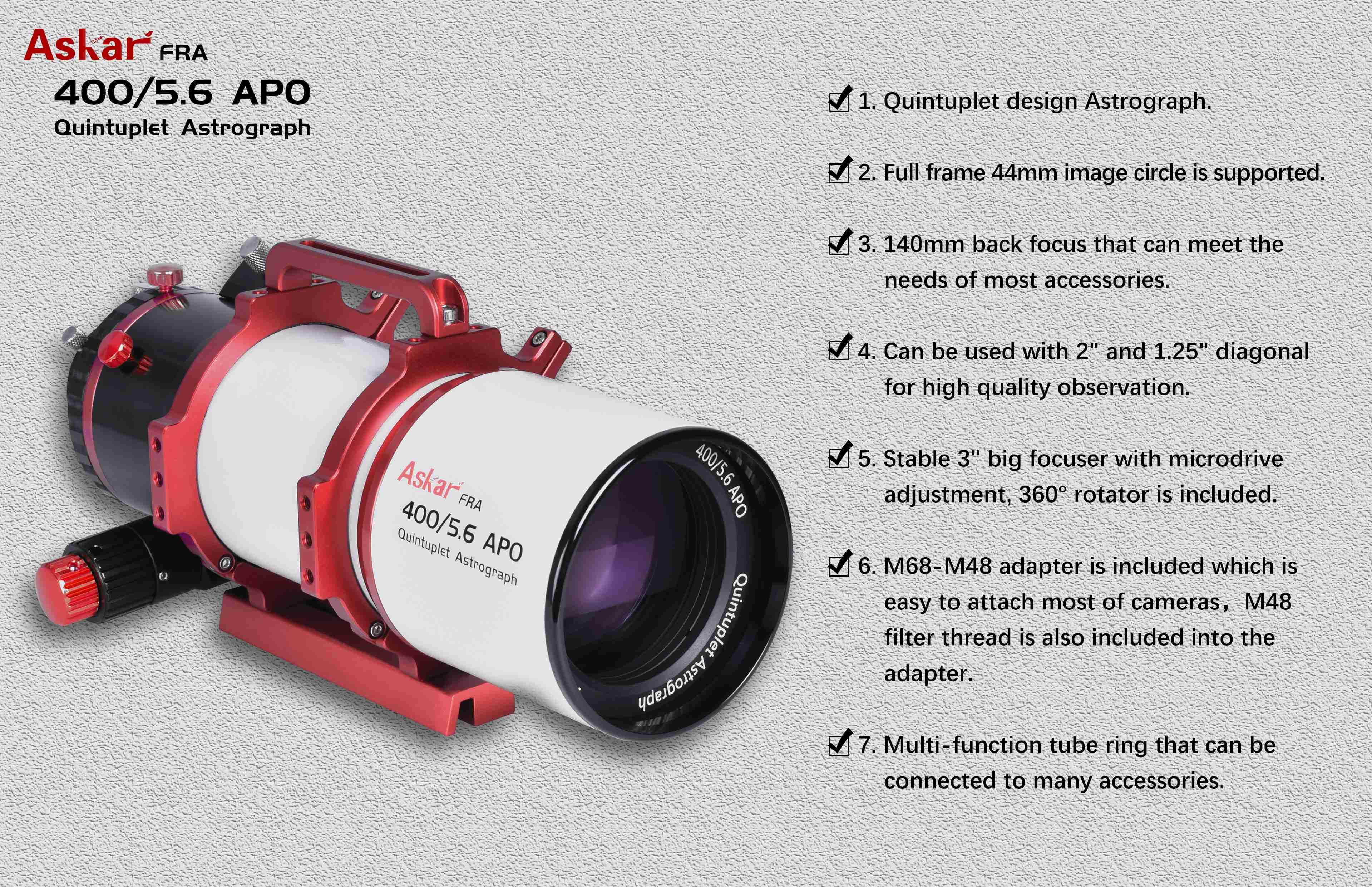 Askar FRA 400 72mm f/5.6 Quintuplet Flat Field Astrograph Telescope - Perfect for Deep Space Astrophotography & Celestial Observation