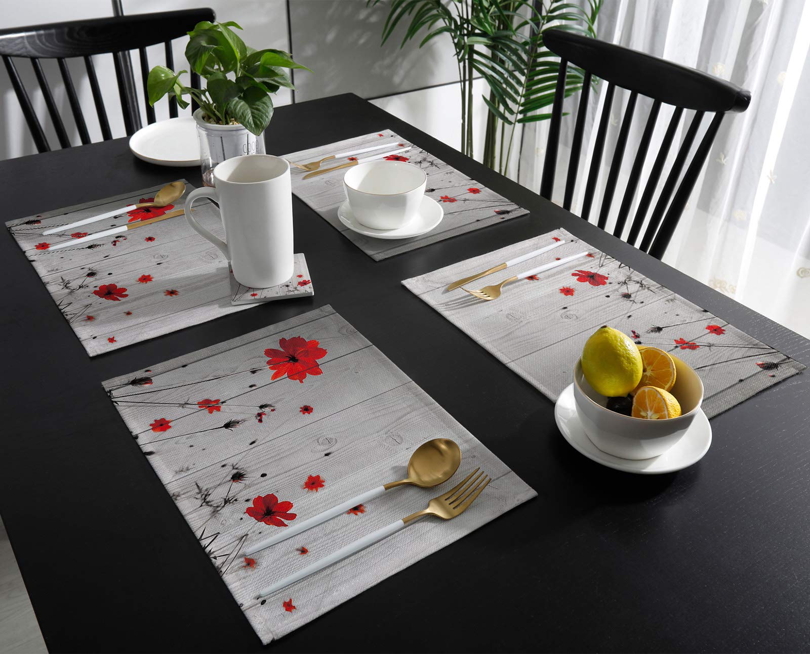 Red Poppy Flowers Placemats Set of 6 - 13x19 Inch Rustic Grey Farmhouse Cotton Linen Table Mats for Kitchen & Dining Room Decor, Washable Floral Placemats for Everyday Use, Dinner Parties & Holiday Entertaining