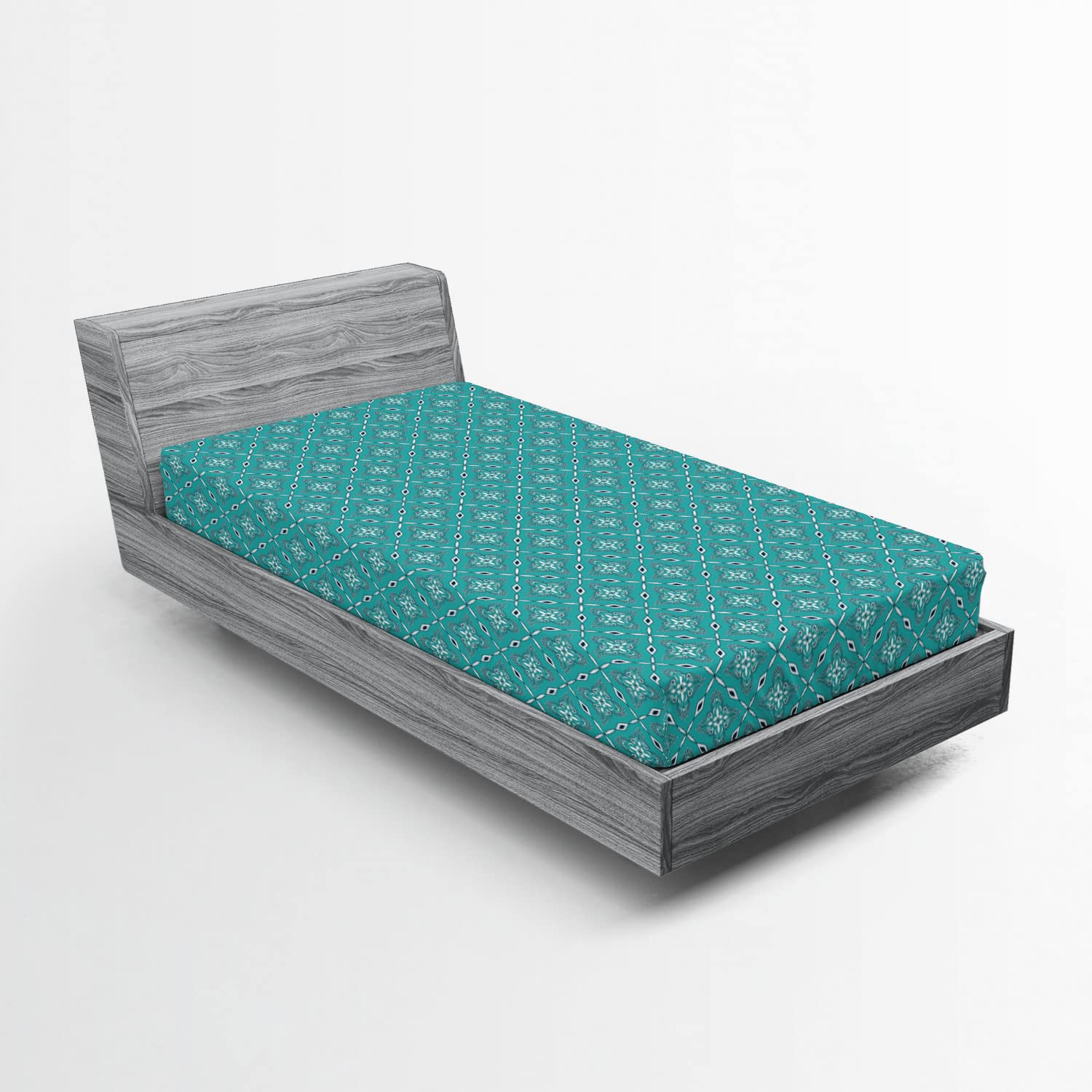 Ambesonne Turquoise Fitted Sheet - Moroccan Geometric Rectangular Frames with Floral Design, Deep Pocket Elastic All Around for Comfort, Twin XL Size, Dark Blue & Turquoise - Perfect for Guest Beds, Dorms, and Modern Bedroom Decor
