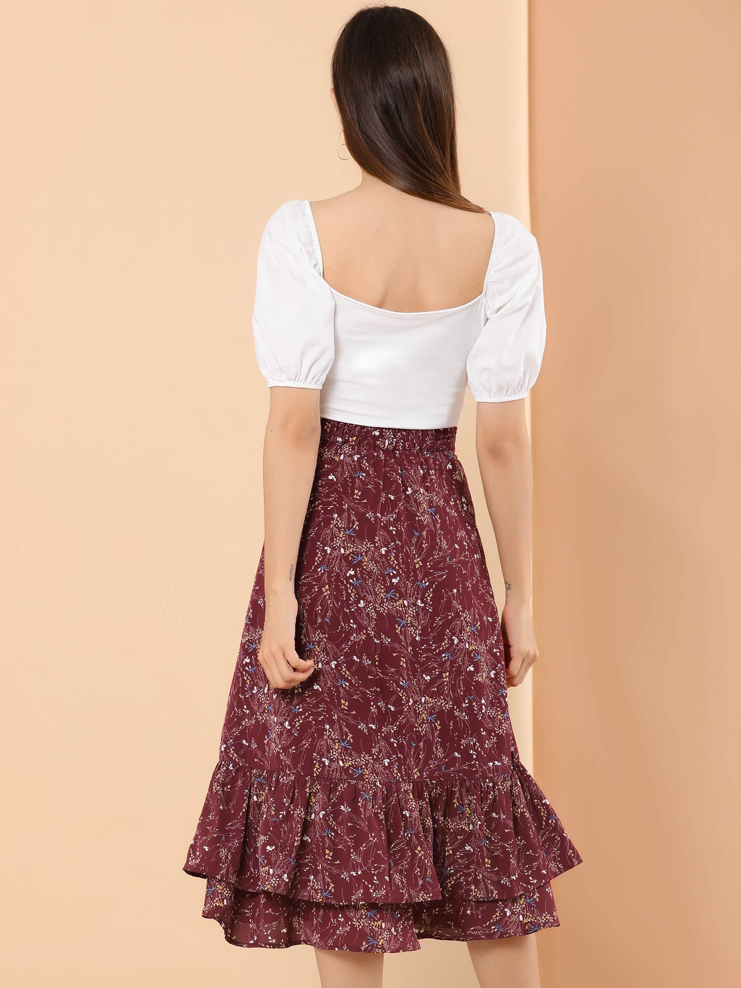 Allegra K Women's Printed Chiffon Midi Skirt - Elastic Waist, Ruffle Tiered Design for Spring & Summer 2025 | Trendy Flowy Skirt for Casual Outings, Beach Vacations & Date Nights
