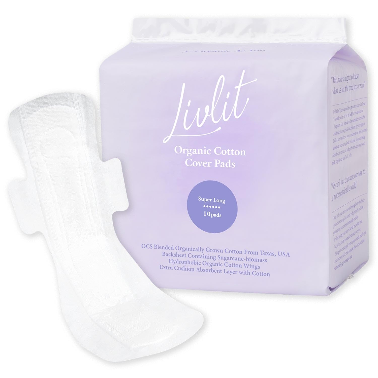 Organic Cotton Overnight Sanitary Pads for Women - Heavy Absorbency, Leak Proof, Unscented, Extra Long Length - 100% Texas Grown Cotton (10 Count) - Ideal for Heavy Flow Days, Postpartum Care & Comfortable Nighttime Protection