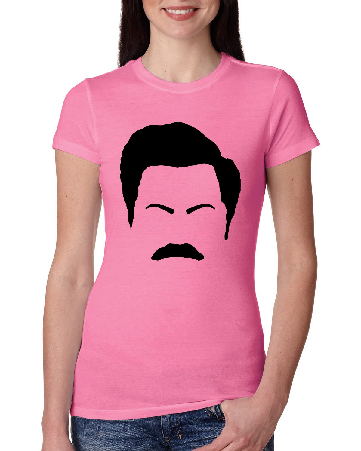 Ron Swanson Mustache Face Silhouette T-Shirt - Parks and Recreation Pop Culture Tee for Women | Slim Fit Junior Style | Perfect for TV Show Fans, Gift Giving & Casual Wear