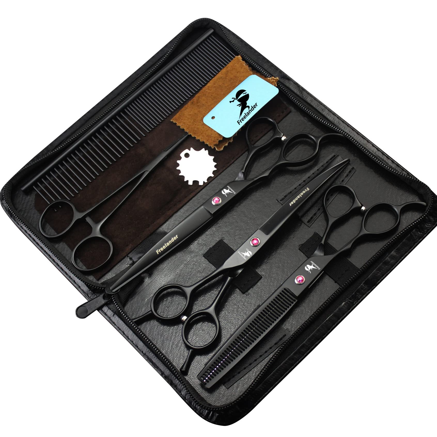 Freelander 7-Inch Left-Handed Dog Grooming Scissors Kit - Curved & Thinning Shears for Professional Pet Hair Cutting with Storage Bag | Perfect for Home Grooming & Professional Pet Stylists