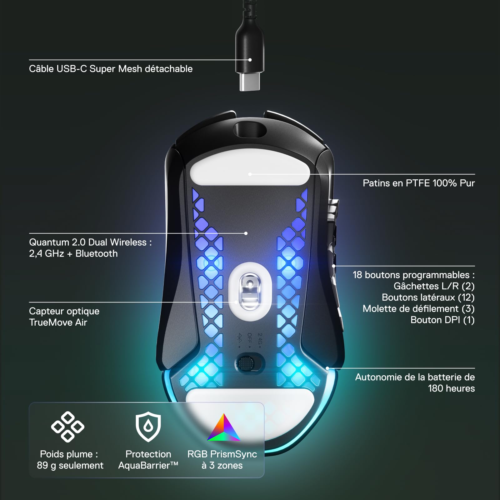 SteelSeries Aerox 9 Wireless Gaming Mouse - Ultra Lightweight for MMOs/MOBAs (89g) - 18 Programmable Buttons - Bluetooth/2.4GHz - Perfect for Competitive Gaming & Esports - QcK Prism Cloth XL Gaming Mouse Pad (XL Size) - Ideal for PC & Laptop Gaming Setups