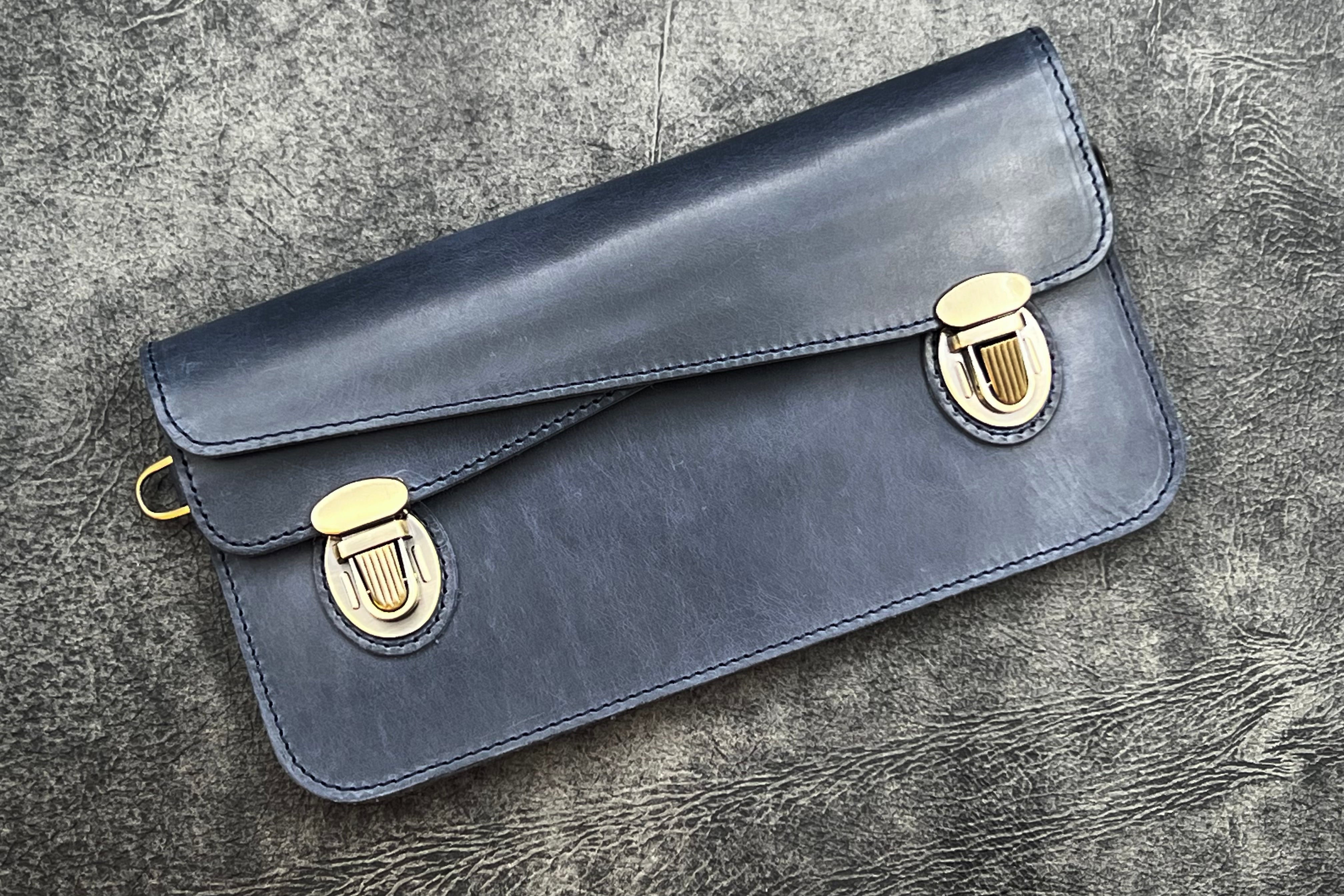 Genuine Leather Accordion Pouch Bag for Women & Men - Premium CH Navy Blue Crossbody Wallet | Perfect for Travel, Work & Everyday Use