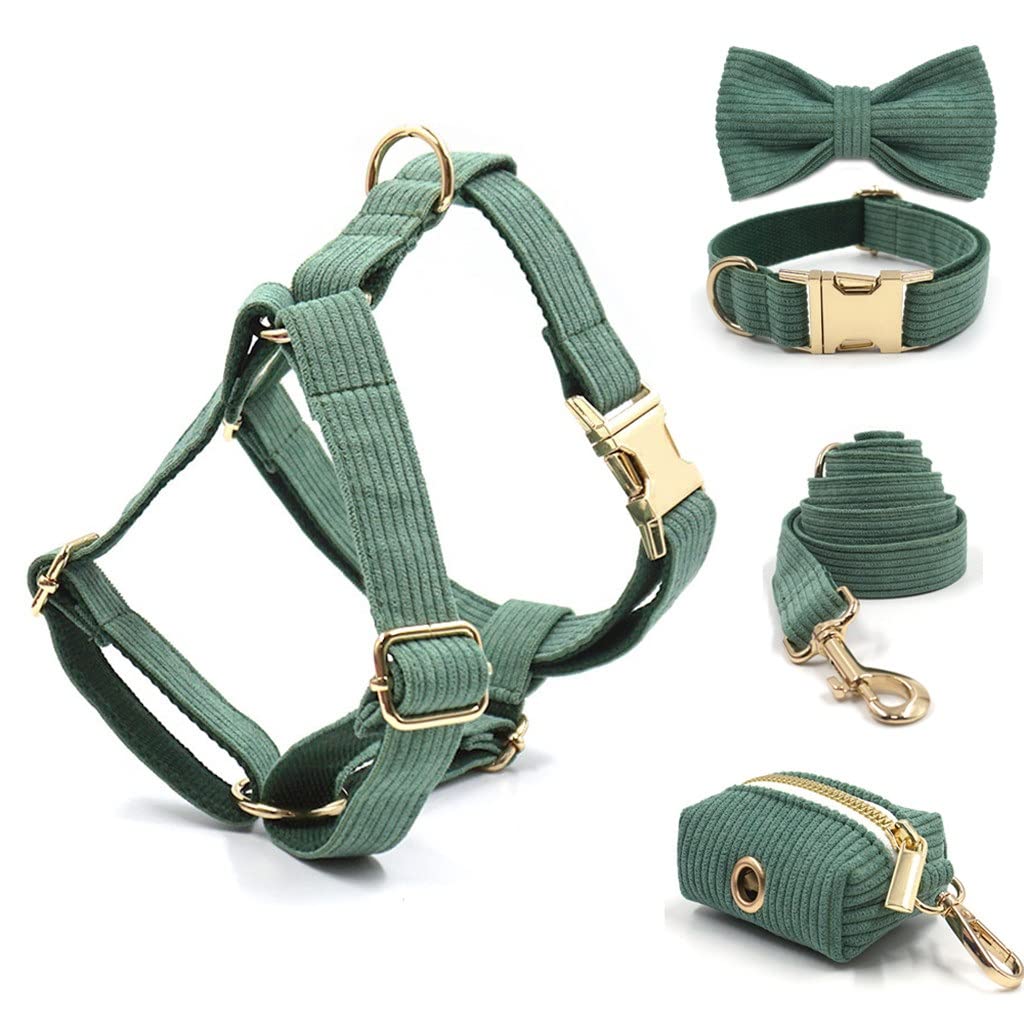 XIULAIQ Dark Green Personalized Dog Harness Set with Gold Buckle - Adjustable Pet Collar, Leash & Poop Bag Holder for Small Medium Large Dogs - Perfect for Walking, Training & Outdoor Adventures