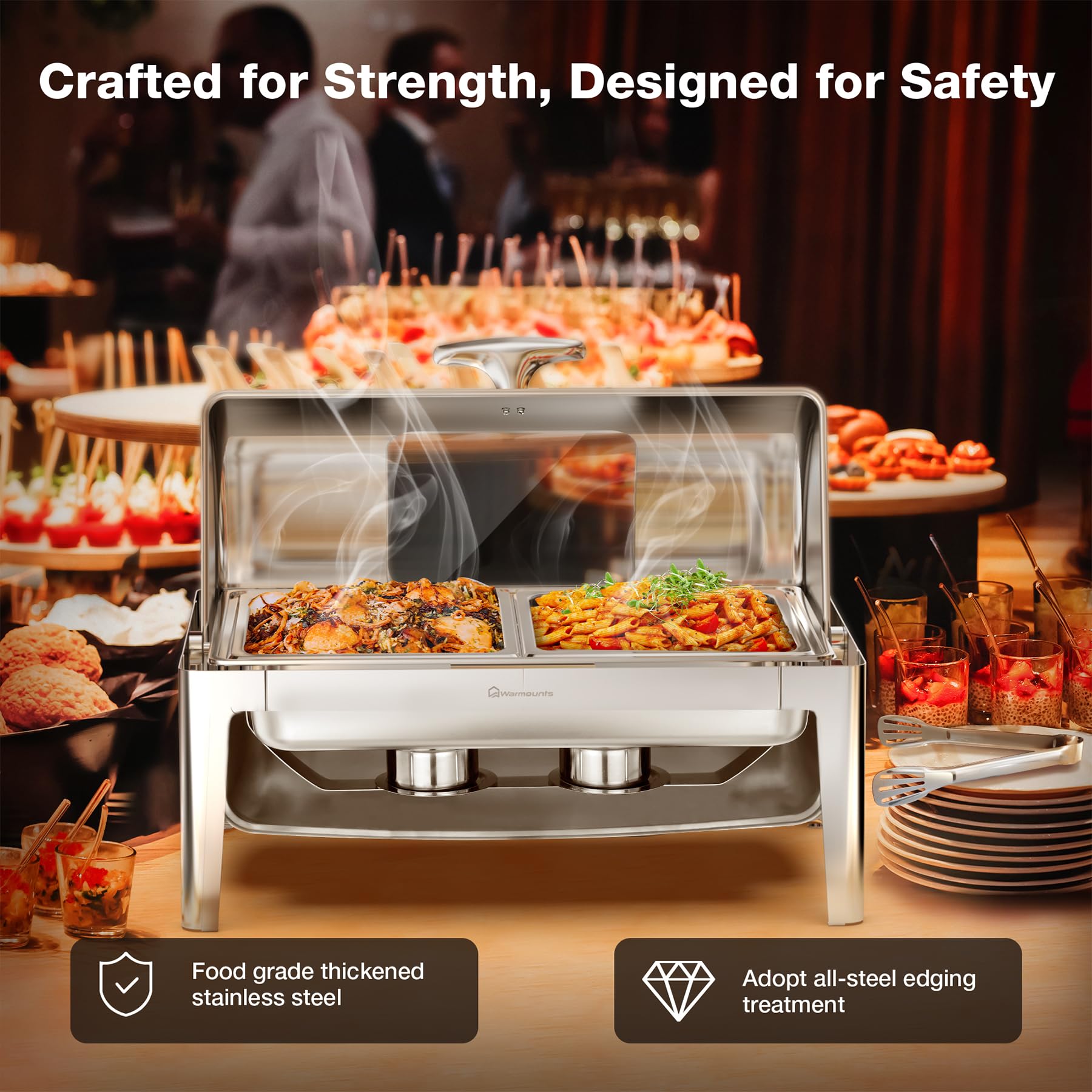 Stainless Steel Roll-Top Chafing Dish with Glass Window - 9QT Rectangular Buffet Chafer with Rolled Edge Design, Food-Grade Catering Supplies for Party, Banquet & Events (1/2 Size Food Pan) - Perfect for Buffet Serving, Wedding Receptions, and Catering Businesses