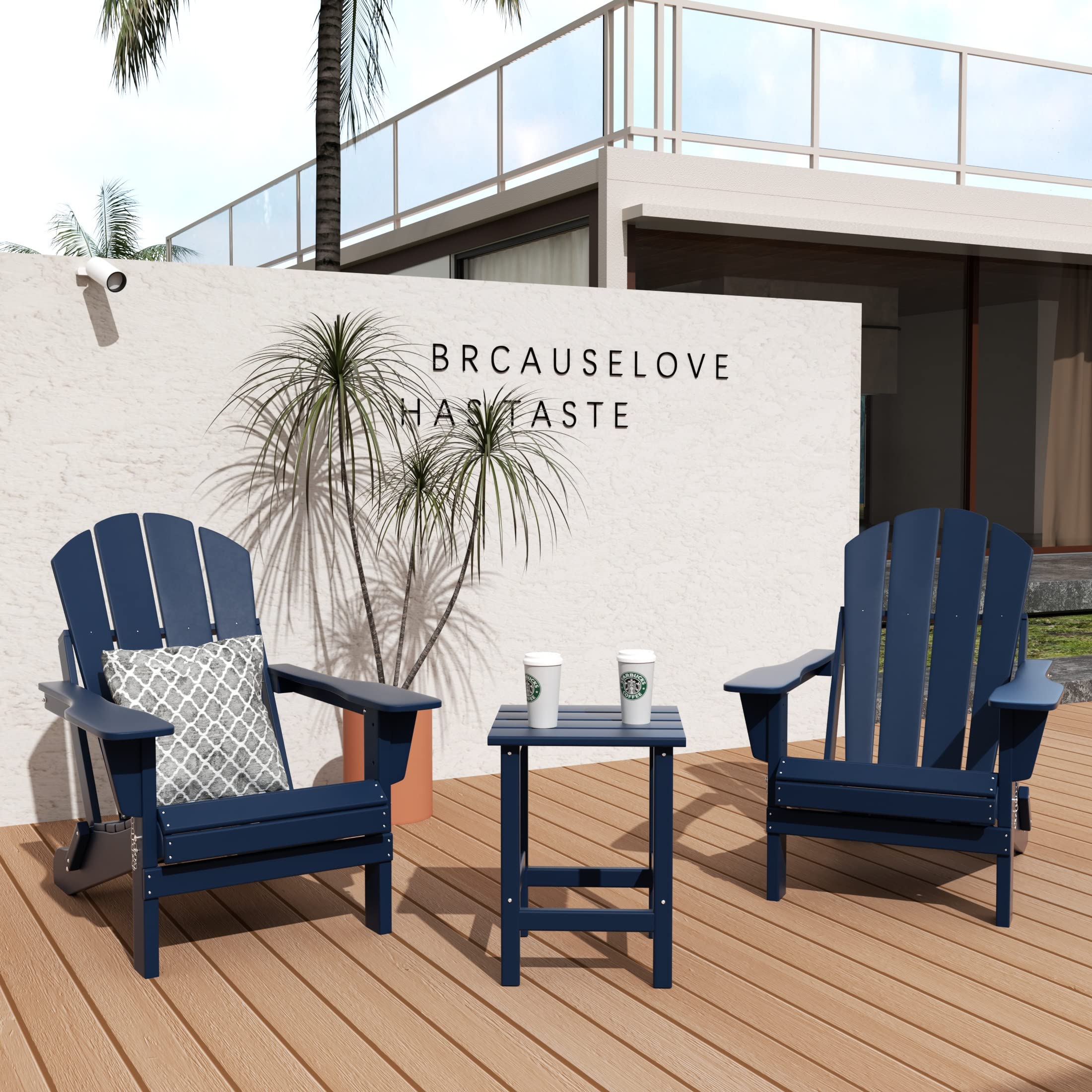 WO Home Furniture Adirondack Chairs & Table Set - 3-Piece Outdoor Folding Chairs with Side Table - Weather & UV Resistant for Lawn, Garden, Bonfire, Balcony, Patio, Deck (Navy Blue) - Perfect for Relaxing, Entertaining & Outdoor Gatherings