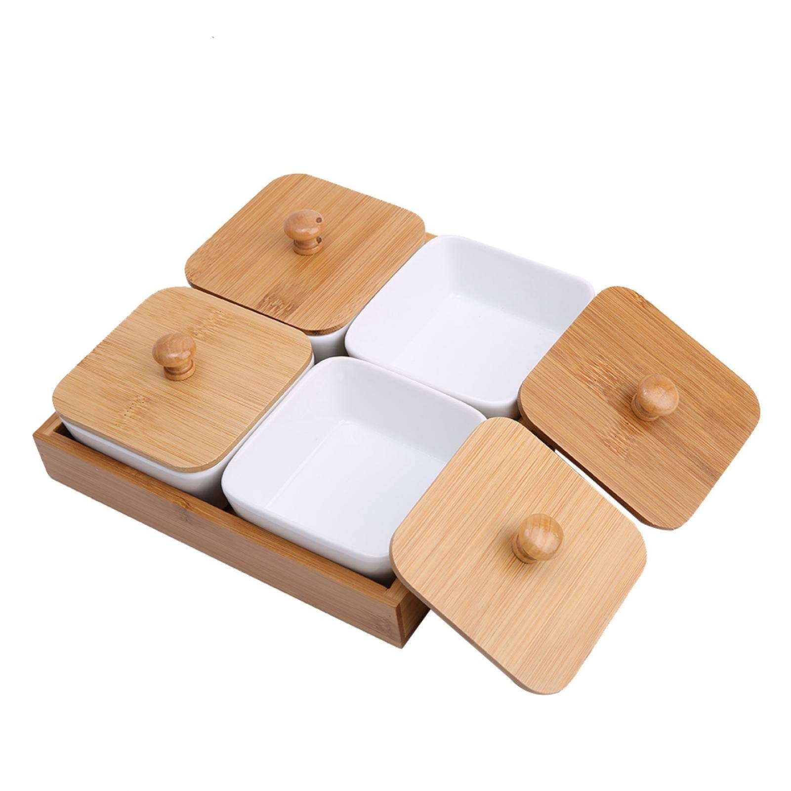 4-Compartment Ceramic Appetizer Serving Platter with Removable Bamboo Tray - Perfect for Dips, Veggies, Candy & Snacks | Elegant Party, Dinner & Entertaining Serving Dish