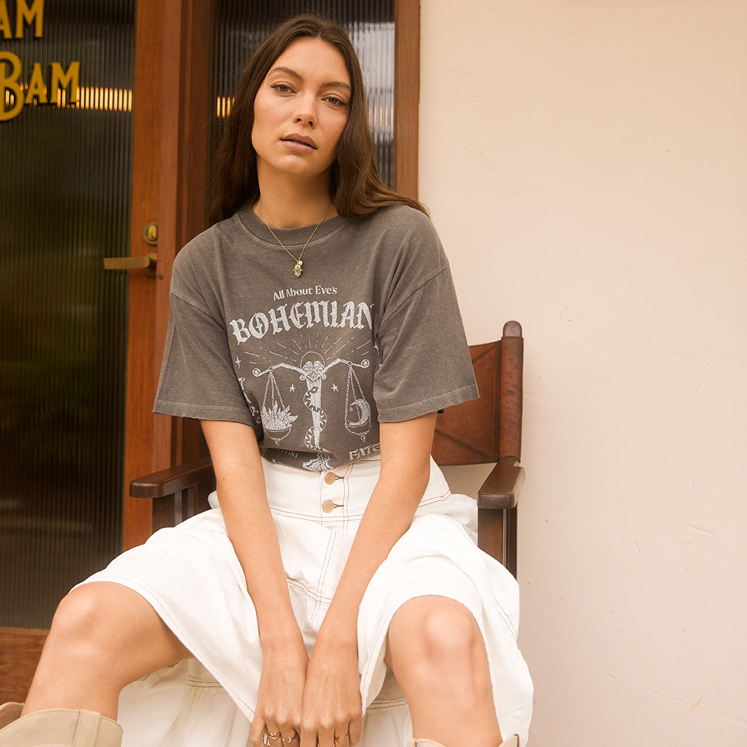 Bohemian Oversized T-Shirt for Women - All About Eve Charcoal Gray Casual Tee | Perfect for Loungewear, Weekend Outfits & Layering