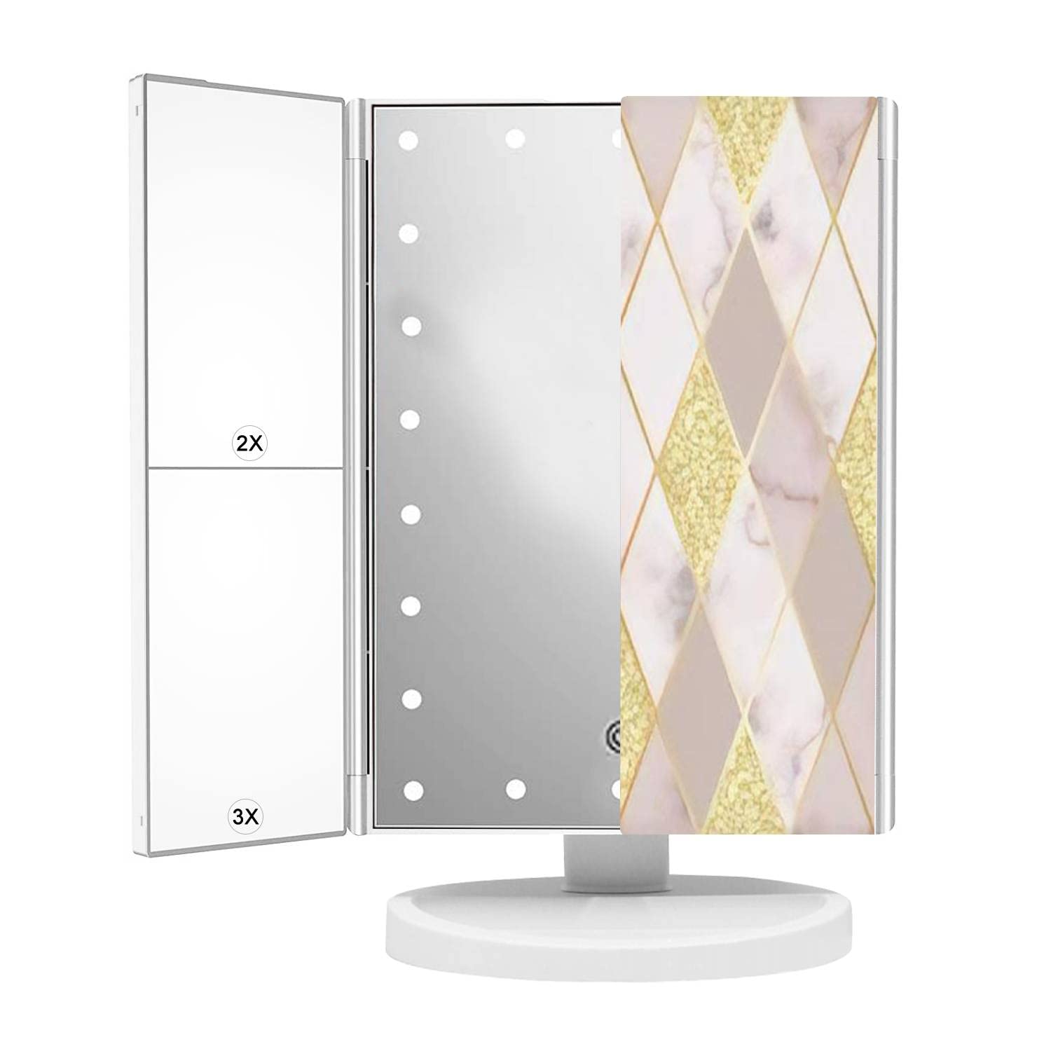 LED Makeup Mirror with Lights - 1X/2X/3X Magnification, Touch Control, Trifold Design, Portable Travel Vanity Mirror for Desk | Marble & Gold Glitter Finish | Perfect for Home, Travel & Professional Makeup Application