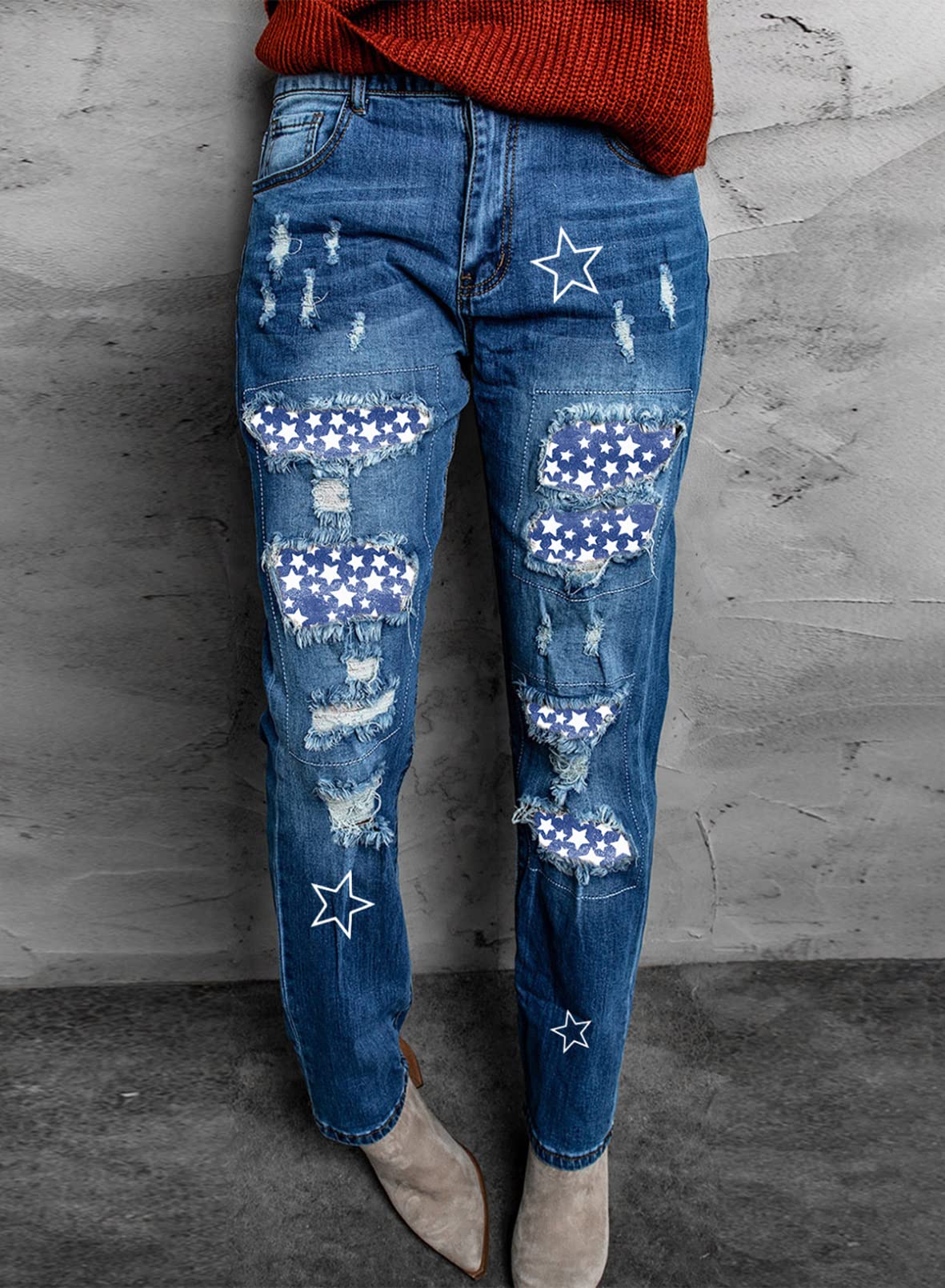 EVALESS Women's Ripped Boyfriend Jeans - Distressed Skinny Denim Pants with Plaid Patch Design | Casual Streetwear, Night Out, Weekend Fashion