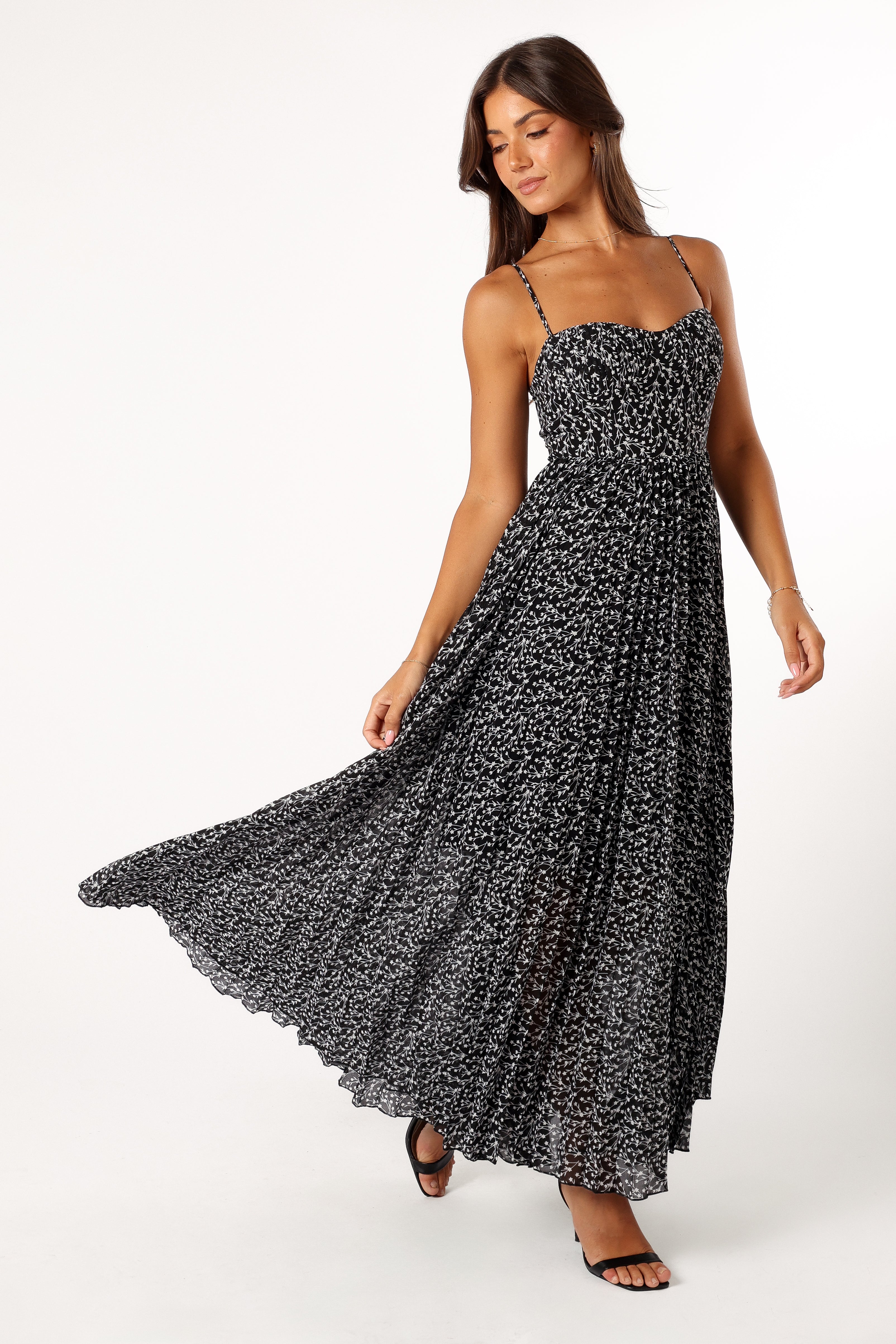 Achanti Black Floral Pleated Maxi Dress - Elegant Long Flowy Dress for Women, Perfect for Parties, Weddings & Summer Vacations