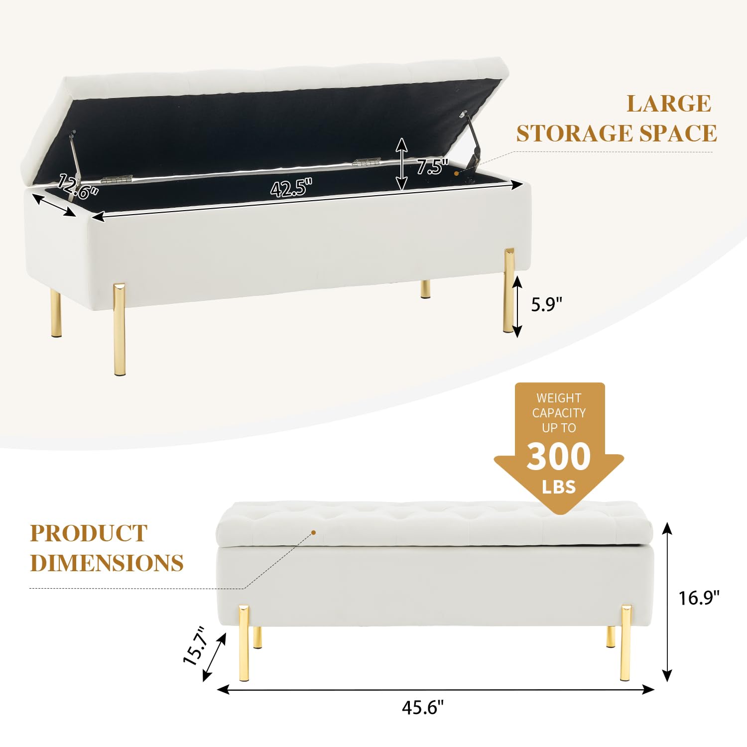 Velvet Storage Bench Ottoman with Hidden Compartment - Tufted Upholstered Seat for Bedroom, Living Room & Entryway - Versatile Multi-Functional Furniture (Ivory) | Perfect for Extra Seating, Bedroom Decor & Entryway Organization