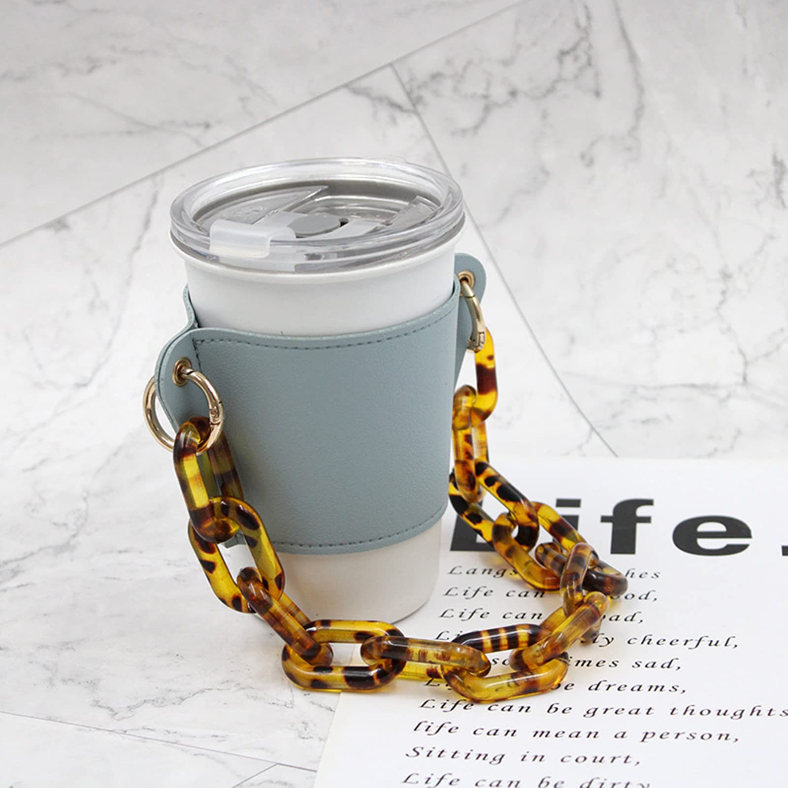 Premium Genuine Leather Travel Mug Holder with Detachable Metal Chain - Insulated Reusable Coffee Cup Sleeve for Hot/Cold Drinks - Perfect for Commuting, Office & Outdoor Activities (Blue)
