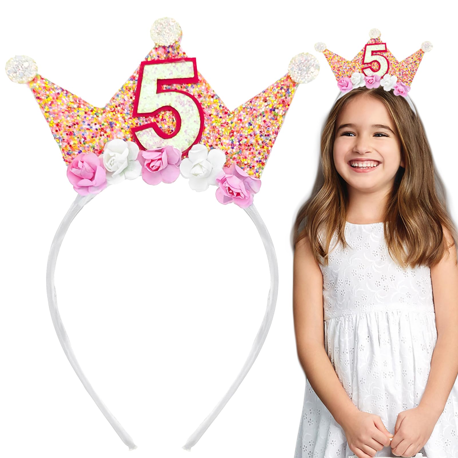 5th Birthday Crown Headbands for Women - Flower Princess Tiara Hair Accessory - Happy 5th Birthday Party Decorations - Perfect for Birthday Parties, Photo Shoots & Special Celebrations