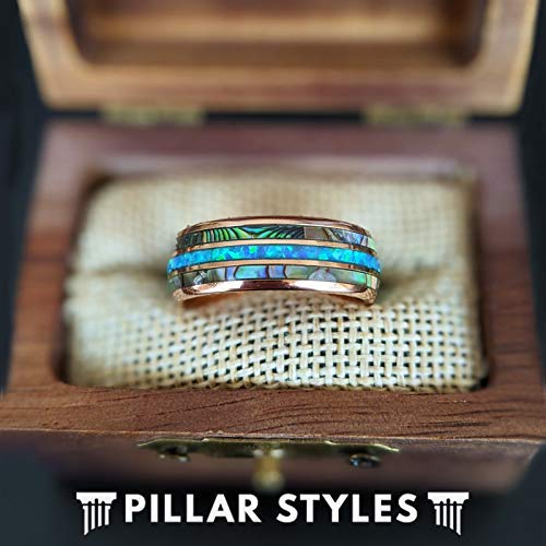 Rose Gold Tungsten Wedding Bands for Men - Abalone Shell & Blue Opal Inlay Ring, Comfort Fit Anniversary Gift for Him - Perfect for Tropical Weddings, Beach Proposals & Romantic Occasions