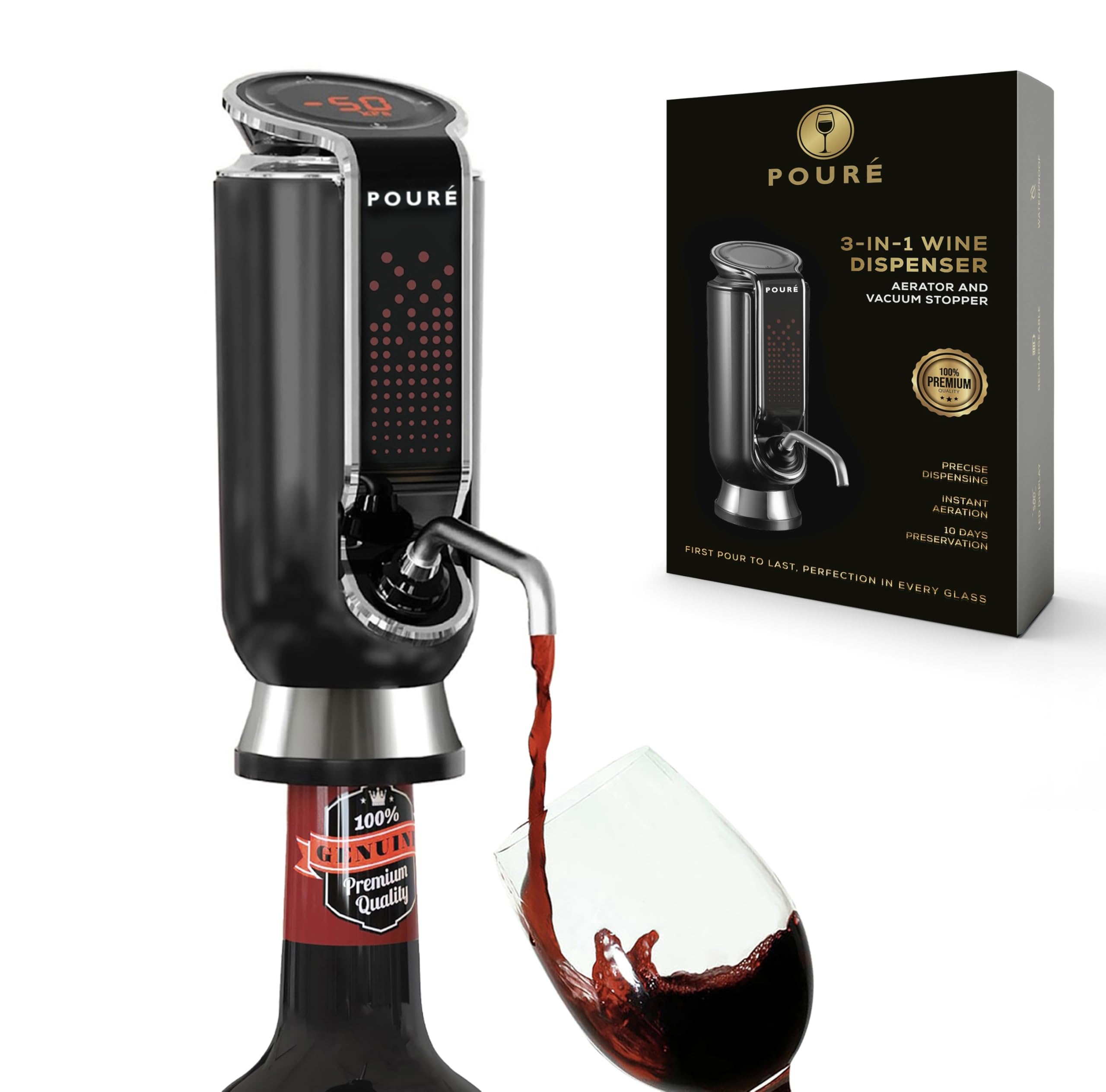 3-IN-1 Electric Wine Dispenser Aerator & Vacuum Stopper - Smart Liquor Decanter Pourer with Touch Screen LED Display & Temperature Monitor - Perfect Gift for Wine Lovers - Ideal for Home Bars, Dinner Parties & Wine Tasting Events
