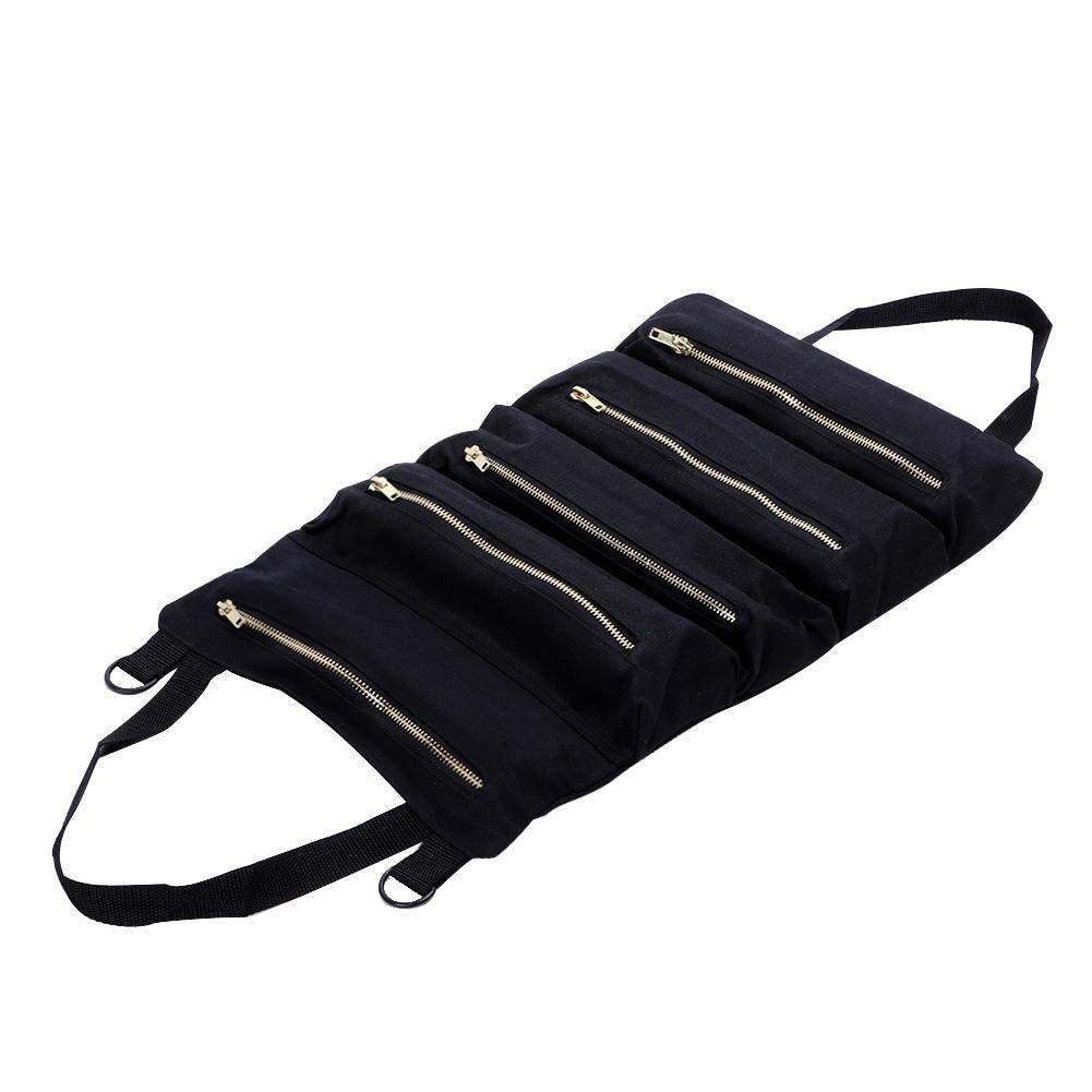 **Heavy Duty Waxed Canvas Tool Roll Up Bag with 5 Pockets - Multi-Purpose Hanging Storage Case for Electricians, HVAC, Plumbers, Carpenters & Mechanics - Perfect for Workshop, Garage & On-the-Go Tool Organization**
