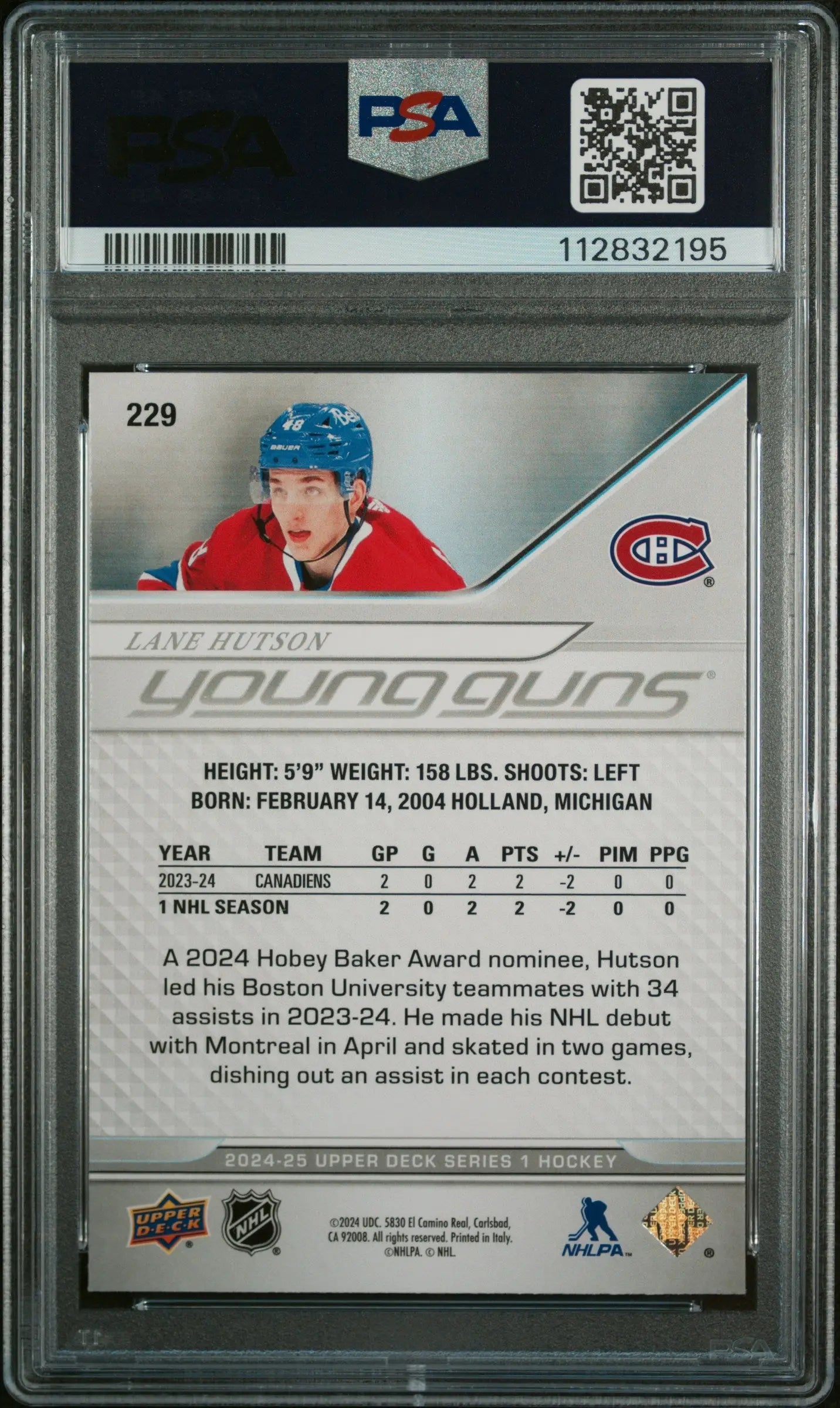 2024-25 Upper Deck Series 1 Hockey Lane Hutson Young Guns Rookie Card PSA 9 Mint - Collectible Sports Memorabilia for NHL Fans & Card Collectors