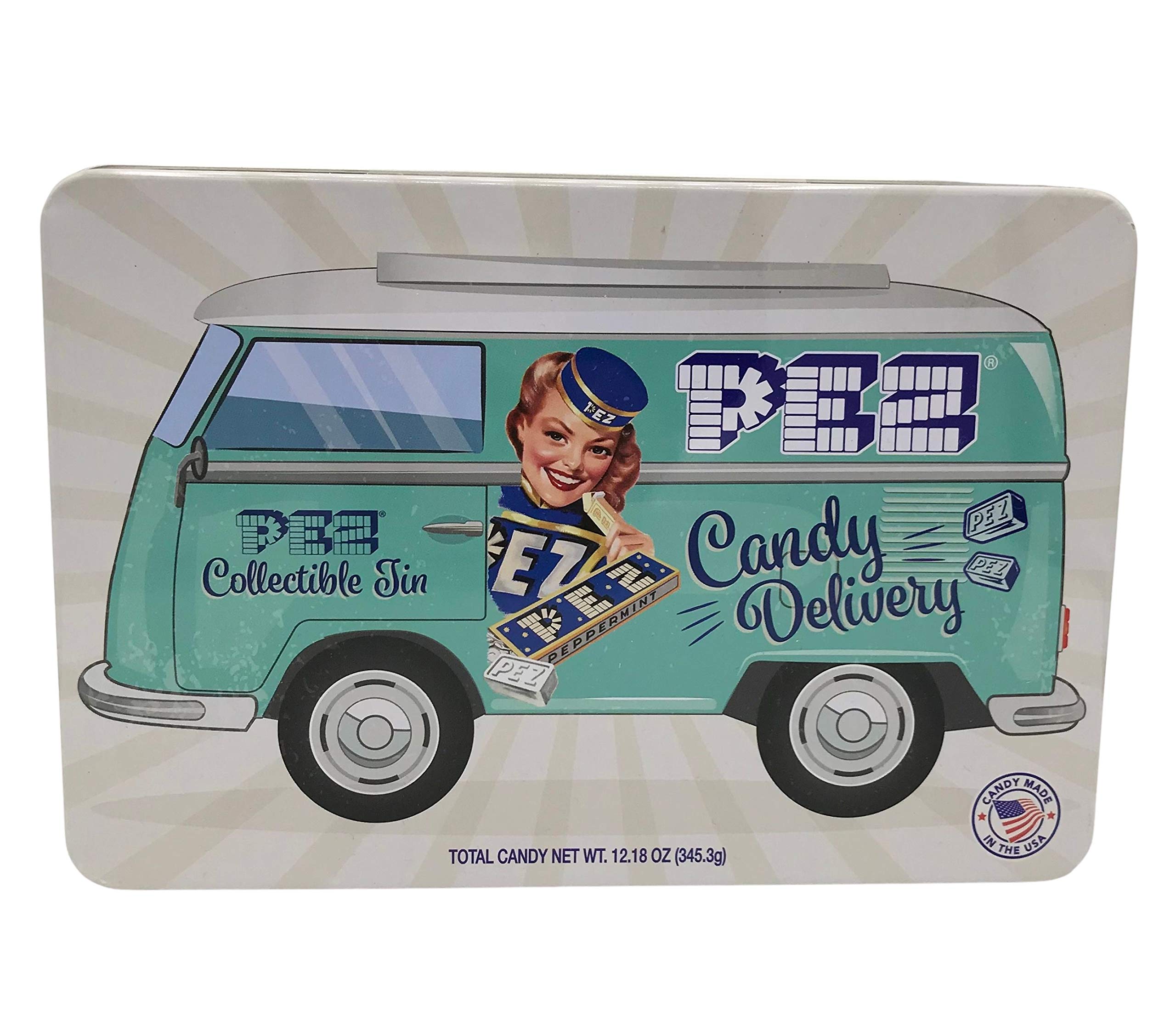 Pez Collector Candy Tin with 40+ Assorted Candy Rolls - Retro Candy Dispenser for Collectors & Gift Giving - Perfect for Parties, Holidays & Nostalgic Treats