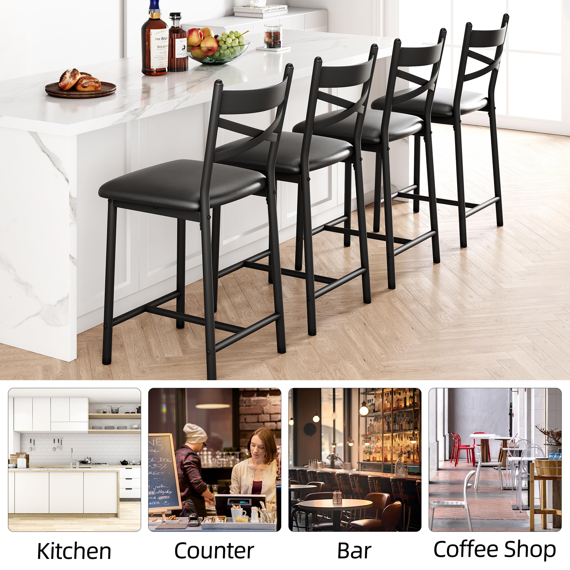 IDEALHOUSE Set of 2 Upholstered Bar Stools with Back Support & Thick Cushion - 24