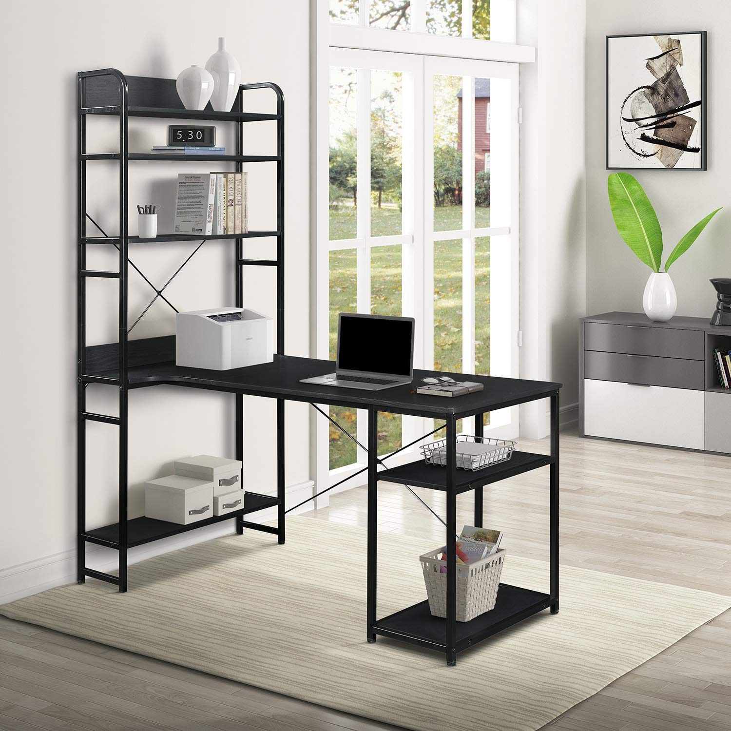 L-Shaped Computer Desk with Bookshelf & 4-Tier Storage - Home Office Workstation for PC Gaming, Studying & Writing - Space-Saving Corner Desk for Small Rooms & Apartments