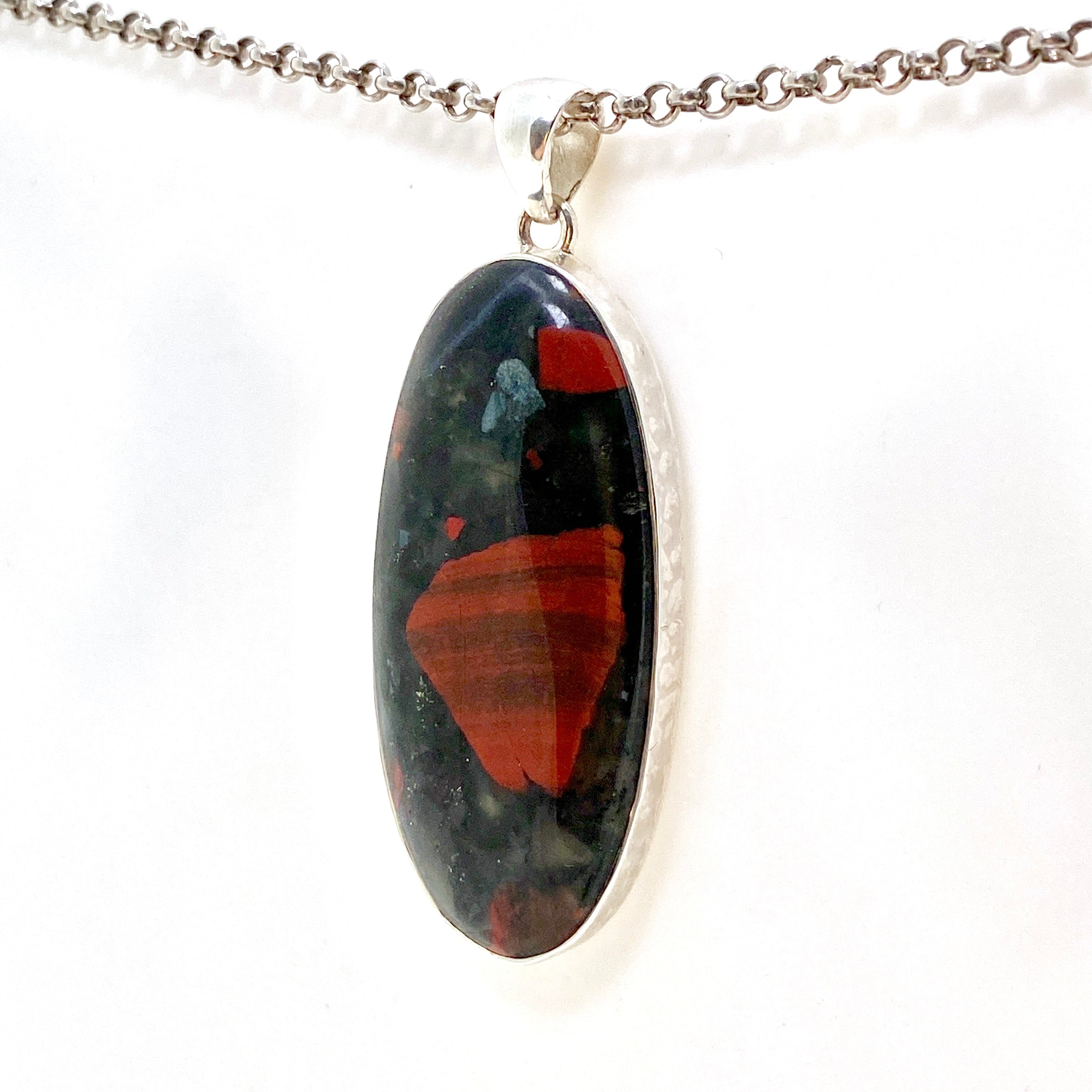 Natural Bloodstone Oval Cabochon Pendant in Handmade Hammered Sterling Silver Setting KPGJ4739 - Perfect for Meditation, Healing Jewelry & Spiritual Gifts