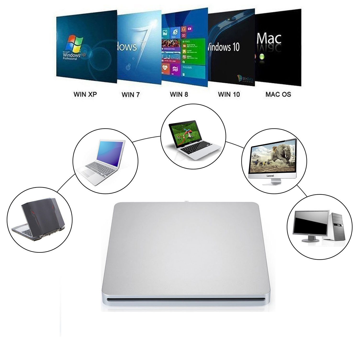 USB-C Superdrive External DVD/CD Reader and Burner - Compatible with MacBook Air/Pro, iMac, Mac Mini, ASUS, Dell Latitude - Plug & Play (Silver) | Perfect for Watching Movies, Burning CDs, and Installing Software on Laptops Without Built-in Drives