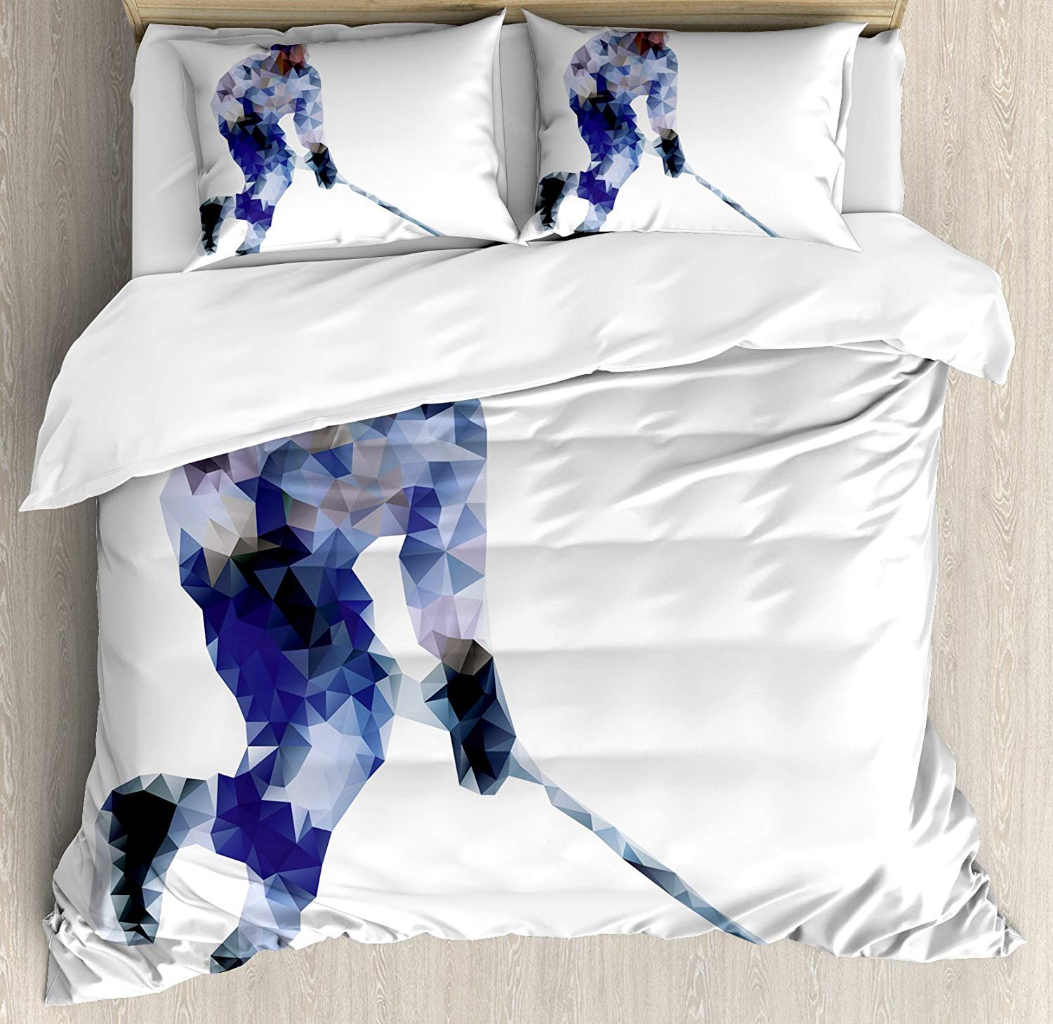 Modern 3-Piece Queen Size Bedding Set - Hockey Player & Geometric Triangle Winter Sports Design Duvet Cover with 2 Pillow Shams | Perfect for Sports Fans, Teen Rooms & Cozy Winter Bedrooms
