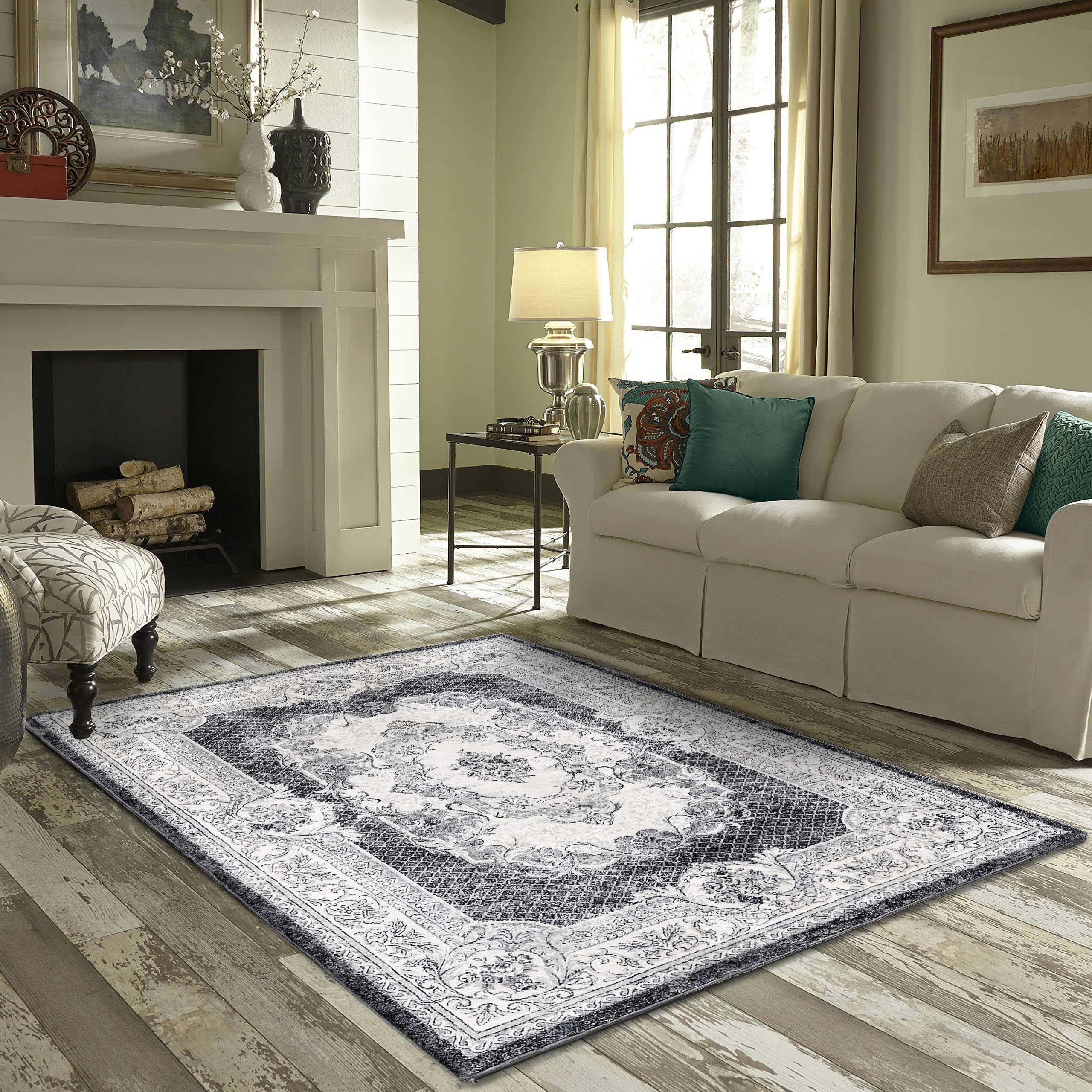 Calore Non-Slip Washable Area Rug 5.3'x6.7' - Soft Indoor Carpet for Living Room, Bedroom & Dining Room - Grey and White - Perfect for Home Decor, Pet-Friendly & High Traffic Areas