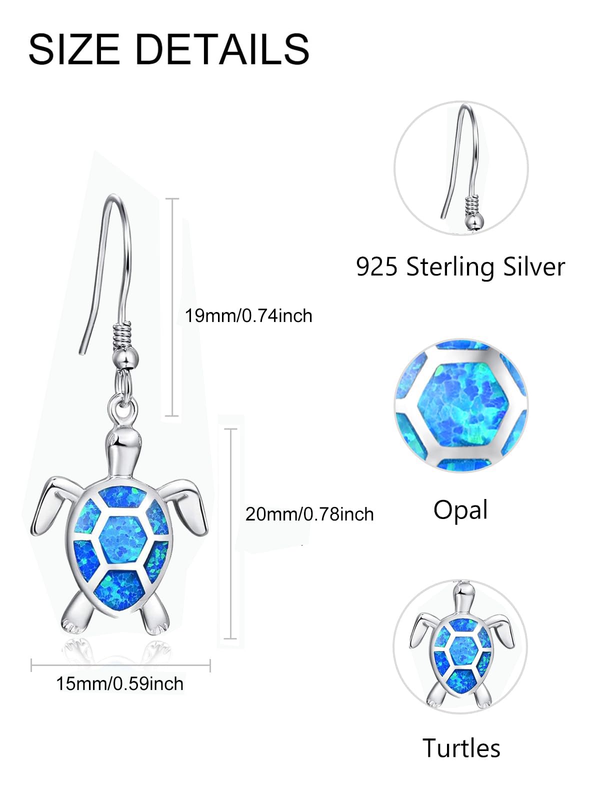 KINGWHYTE 925 Sterling Silver Turtle Dangle Earrings with Hawaiian Blue Opal - Elegant Animal Jewelry Gifts for Women | Perfect for Beach Vacations, Summer Outfits & Boho Fashion