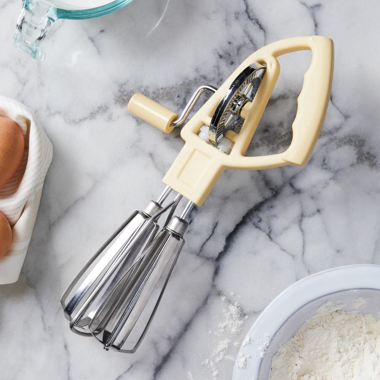 Premium Manual Hand Mixer - Non-Electric Egg Beater with Smooth Crank Action | Italian-Made Stainless Steel Kitchen Whisk for Baking, Cooking & Whipping Cream | Perfect for Camping, Small Kitchens & Power Outages