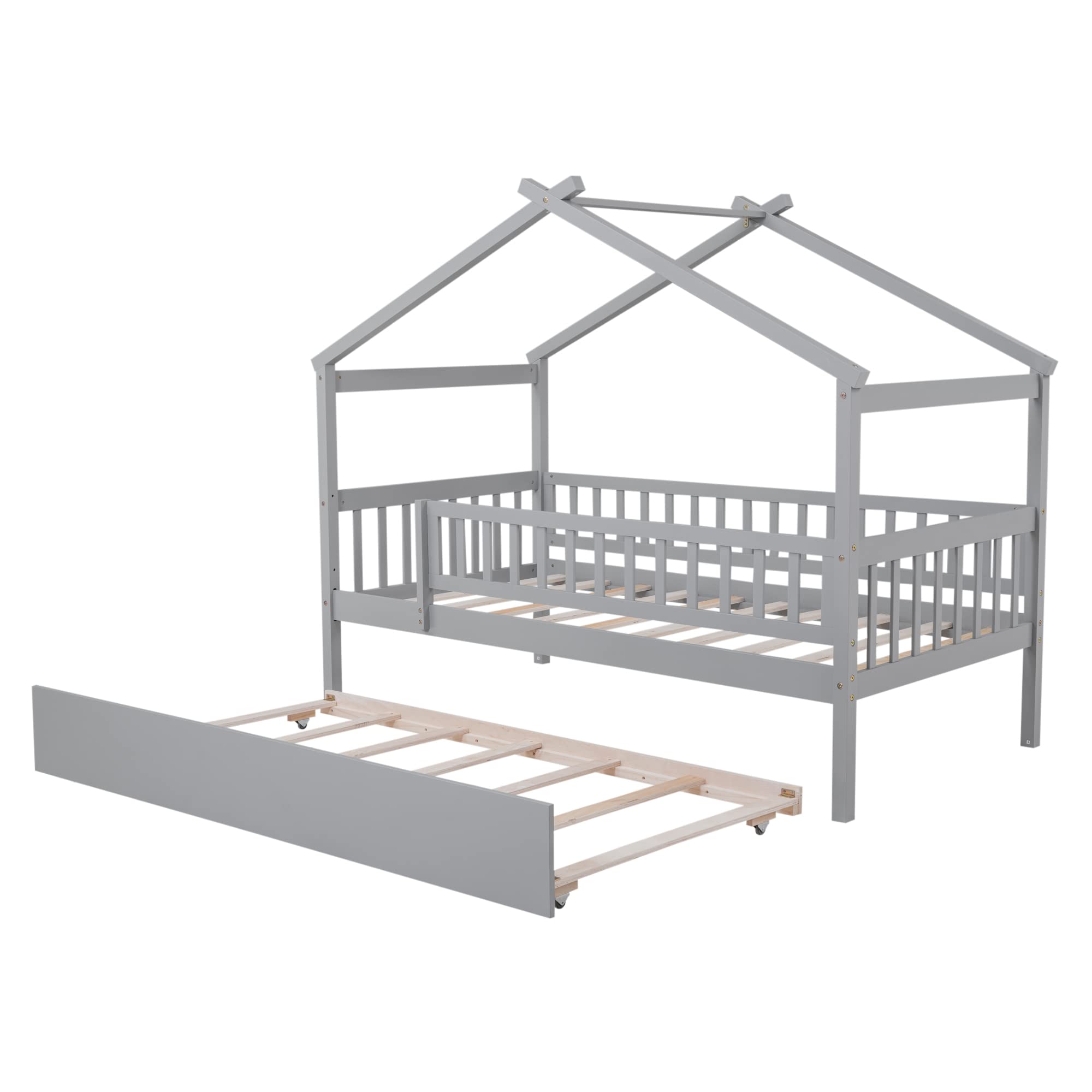 Twin House Bed with Trundle - Wooden Playhouse Bed Frame with Safety Rails & Roof Tent for Kids & Teens | Montessori Style Twin Size Platform Bed for Boys & Girls | No Box Spring Needed | Perfect for Bedroom, Playroom & Sleepovers (Gray)