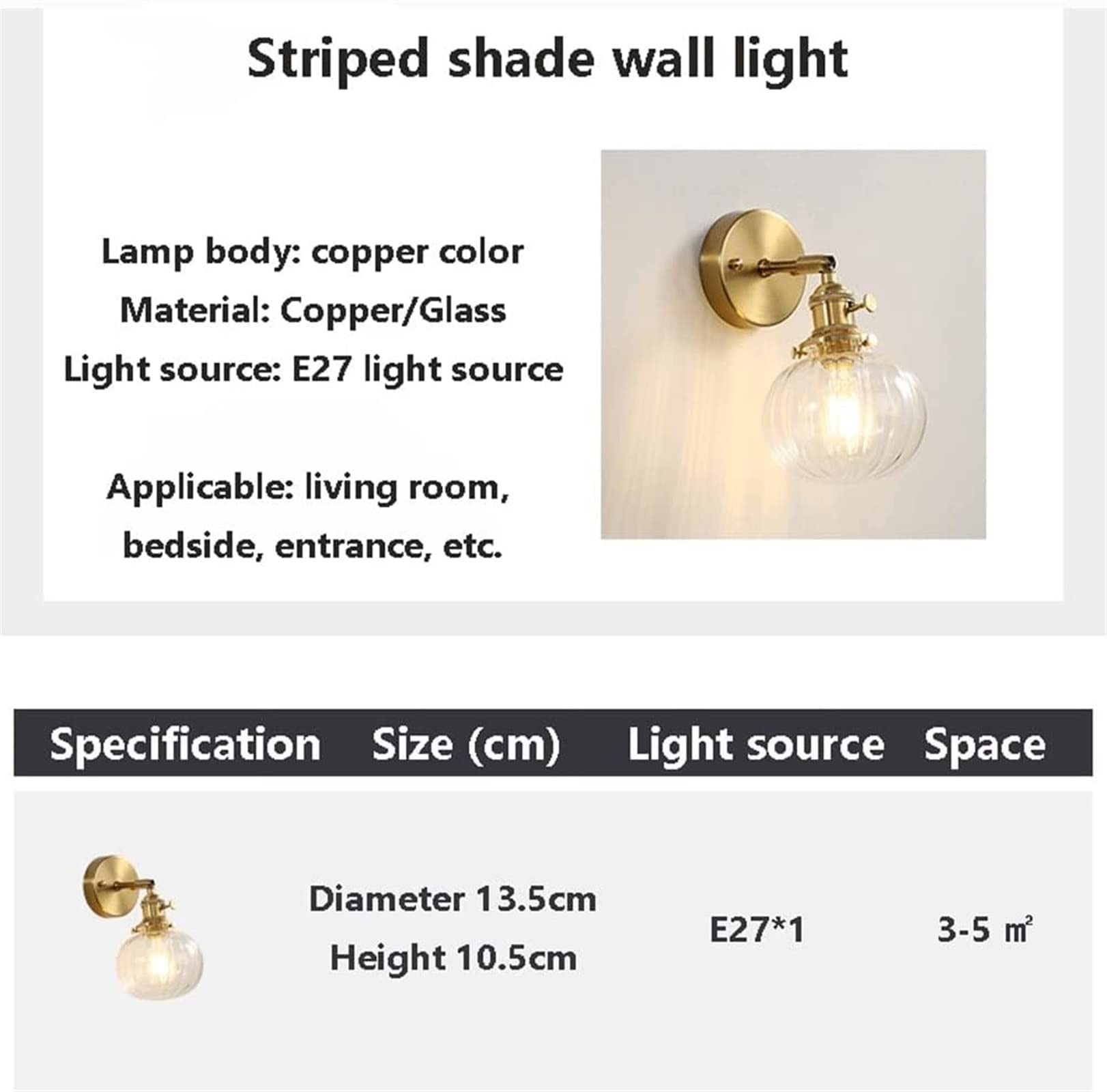 Modern Brass Wall Mount Lamp - Country Style Round Glass Shade Sconce Light Fixture for Bedroom, Living Room, Kitchen | Indoor Decorative Lighting for Homes, Apartments, Lofts & Reading Nooks