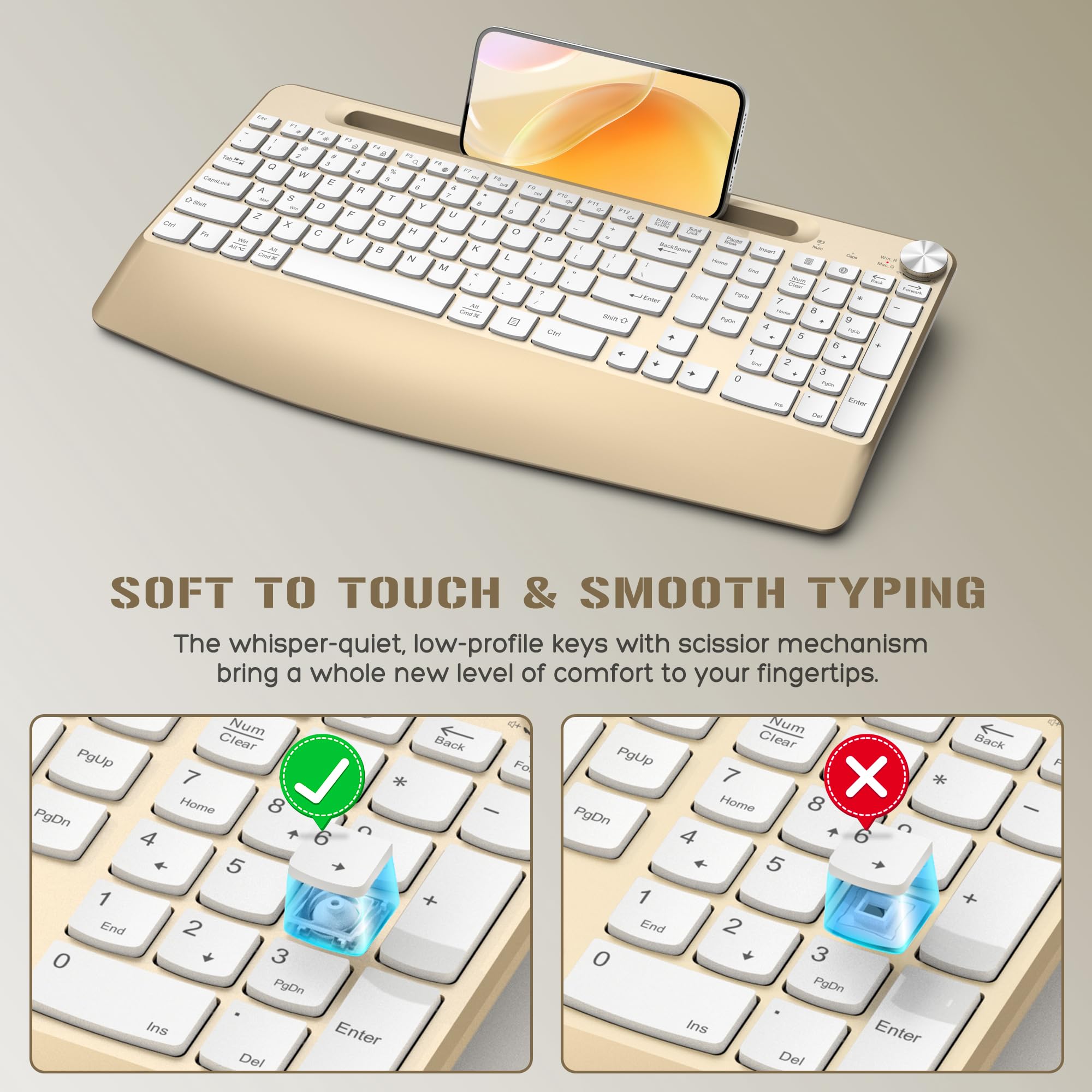 JOYACCESS Ergonomic Wireless Keyboard and Mouse Combo - Full-Sized Keyboard with Wrist Rest, Tablet Holder & Volume Control for PC, Laptop, Office & Home Use (Gold & White)