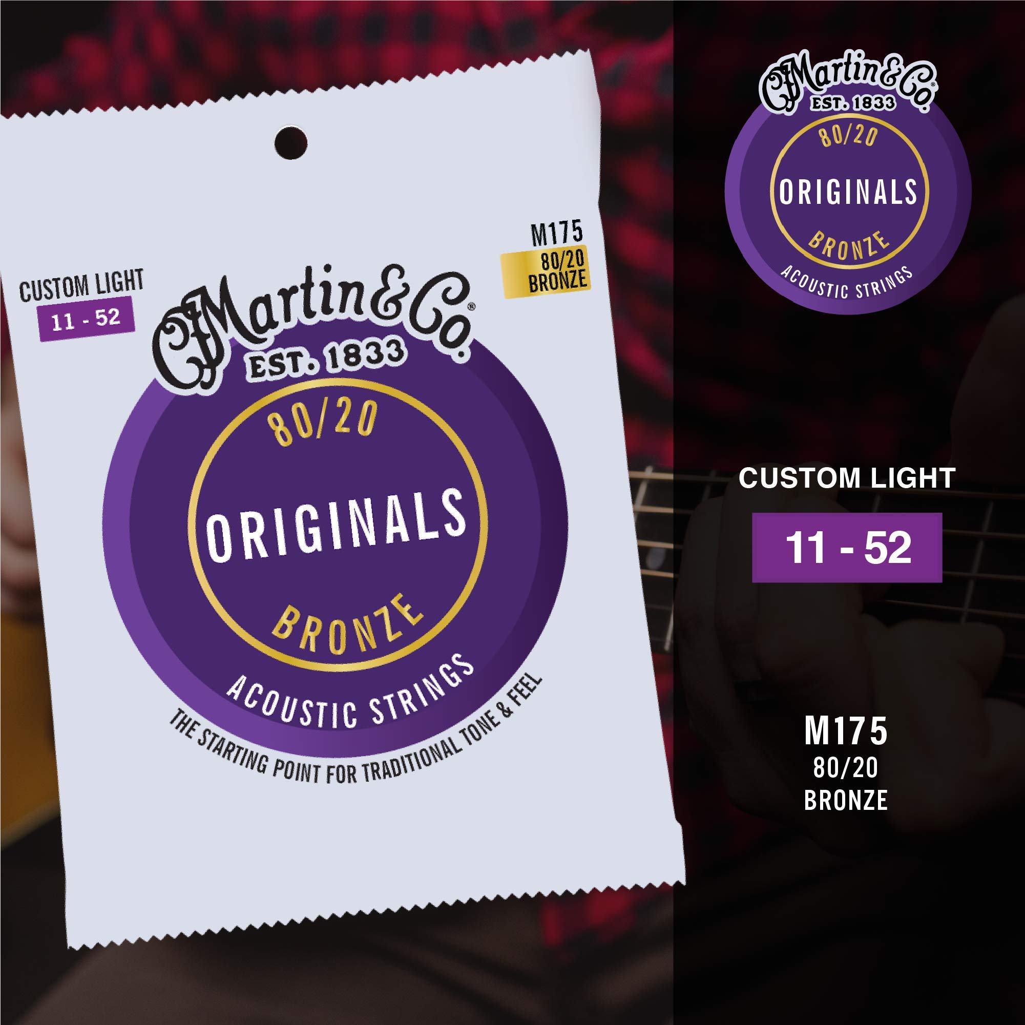 Martin Guitar Original Acoustic M175 Strings - 80/20 Bronze Custom Light-Gauge Acoustic Guitar Strings for Warm Tone & Playability | Perfect for Folk, Blues & Fingerstyle Playing