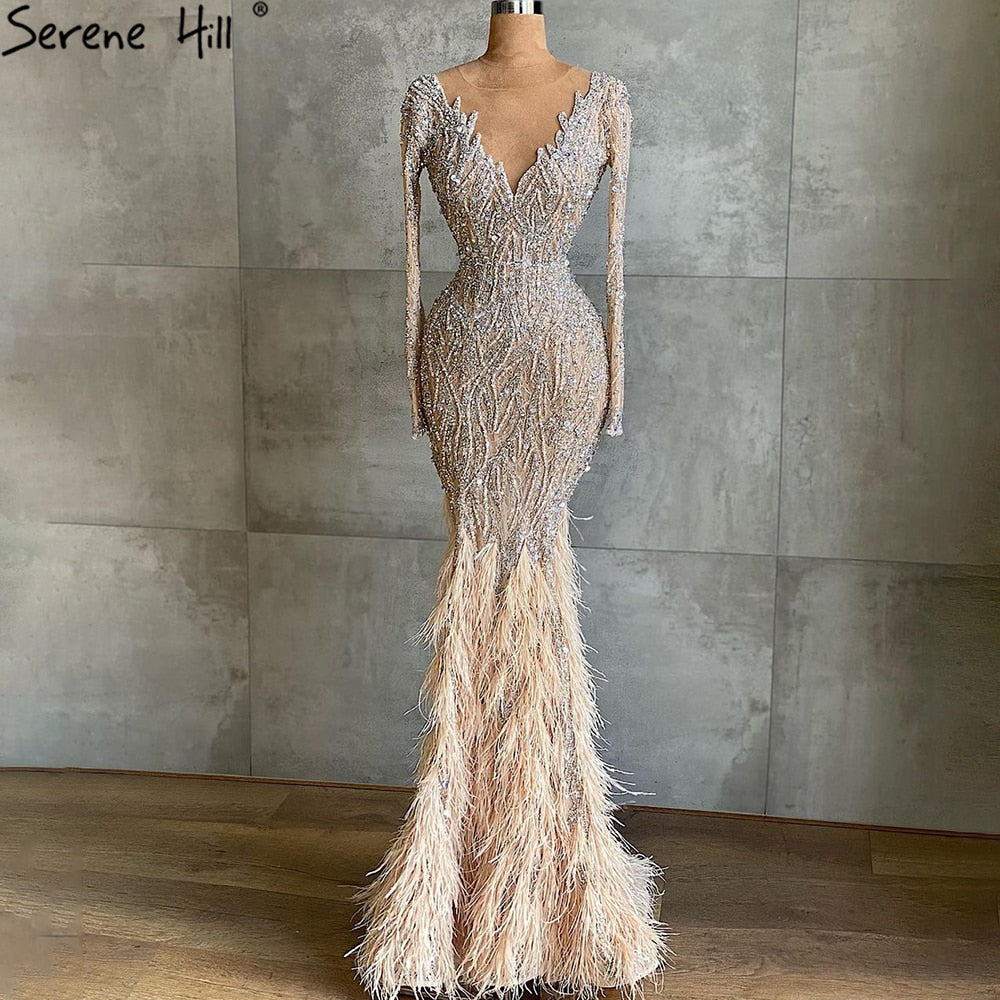 Elegant Muslim Nude Mermaid Evening Dresses for Women 2025 - Luxury Beaded Feather Gowns for Parties, Weddings & Special Occasions