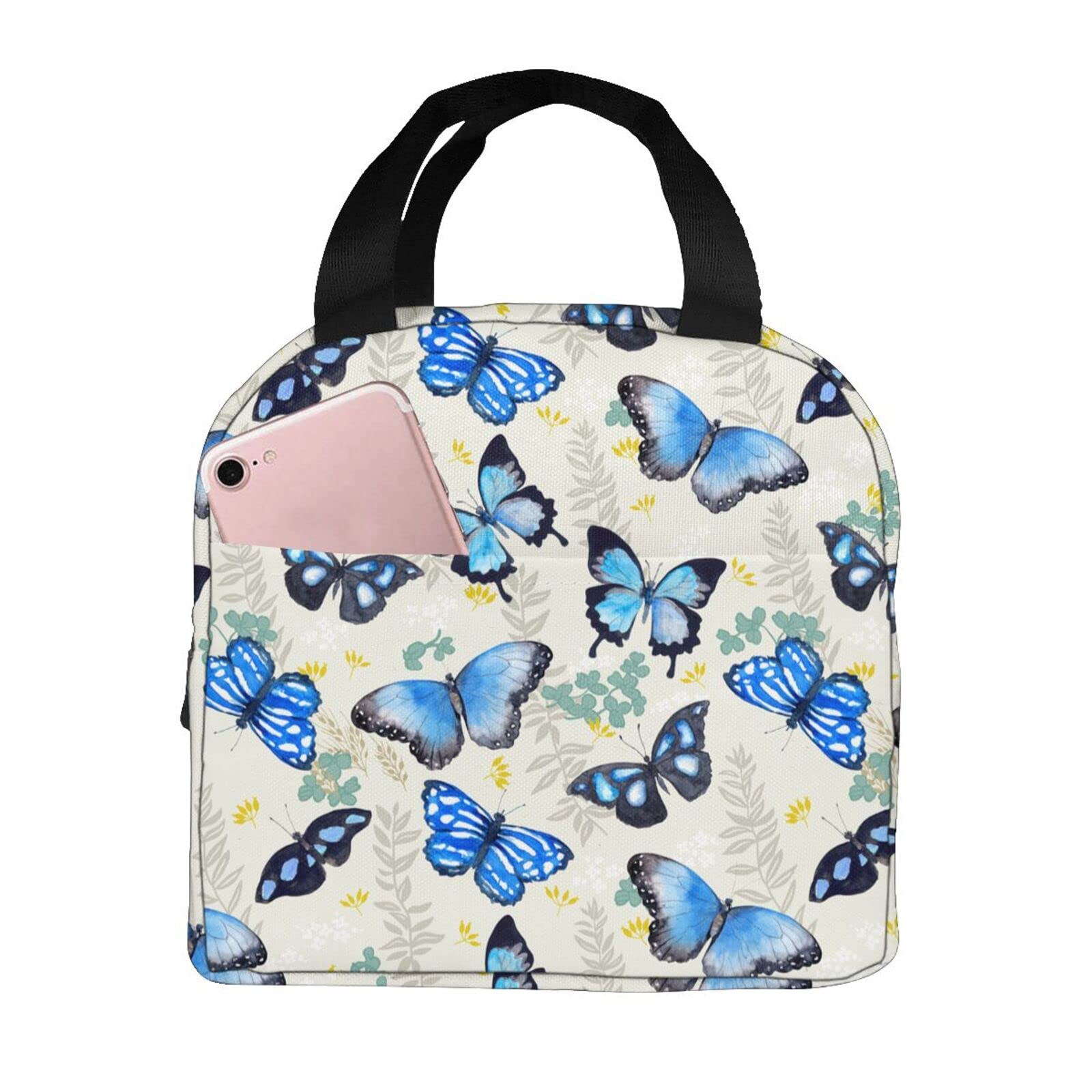 Insulated Lunch Box with Blue Butterfly Design - Reusable Thermal Cooler Bag for Women, Men & Kids - Perfect for School, Work, Picnics & Outdoor Activities