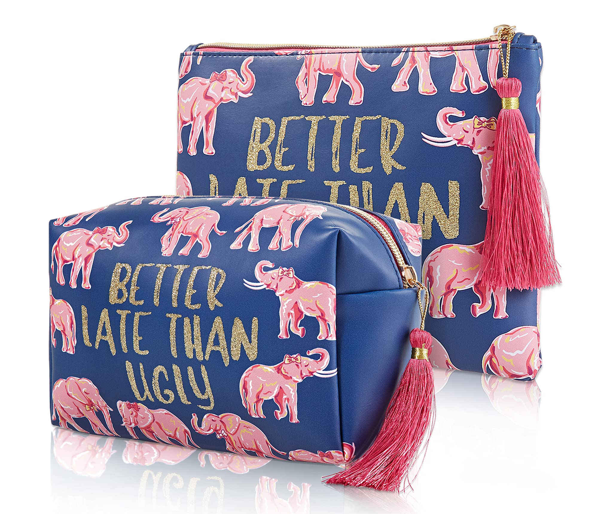 WOOMADA Waterproof Makeup Bag for Women - Portable Travel Cosmetic Organizer (2 Pack, Elephant Print Dark Blue) - Perfect for Travel, Gym & Daily Beauty Essentials Storage