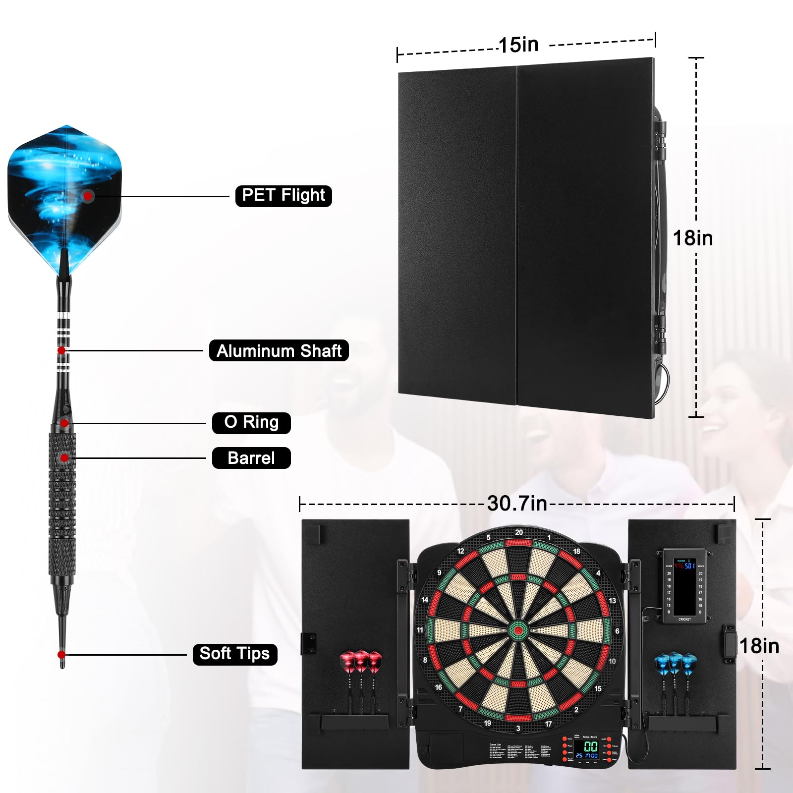 Electronic Dartboard Cabinet - Digital Soft Tip Dart Board Set with LED Scoreboard, 40 Games & 420 Variants, Includes 6 Darts & 100 Tips - Perfect for Home Game Rooms, Bars, and Family Entertainment