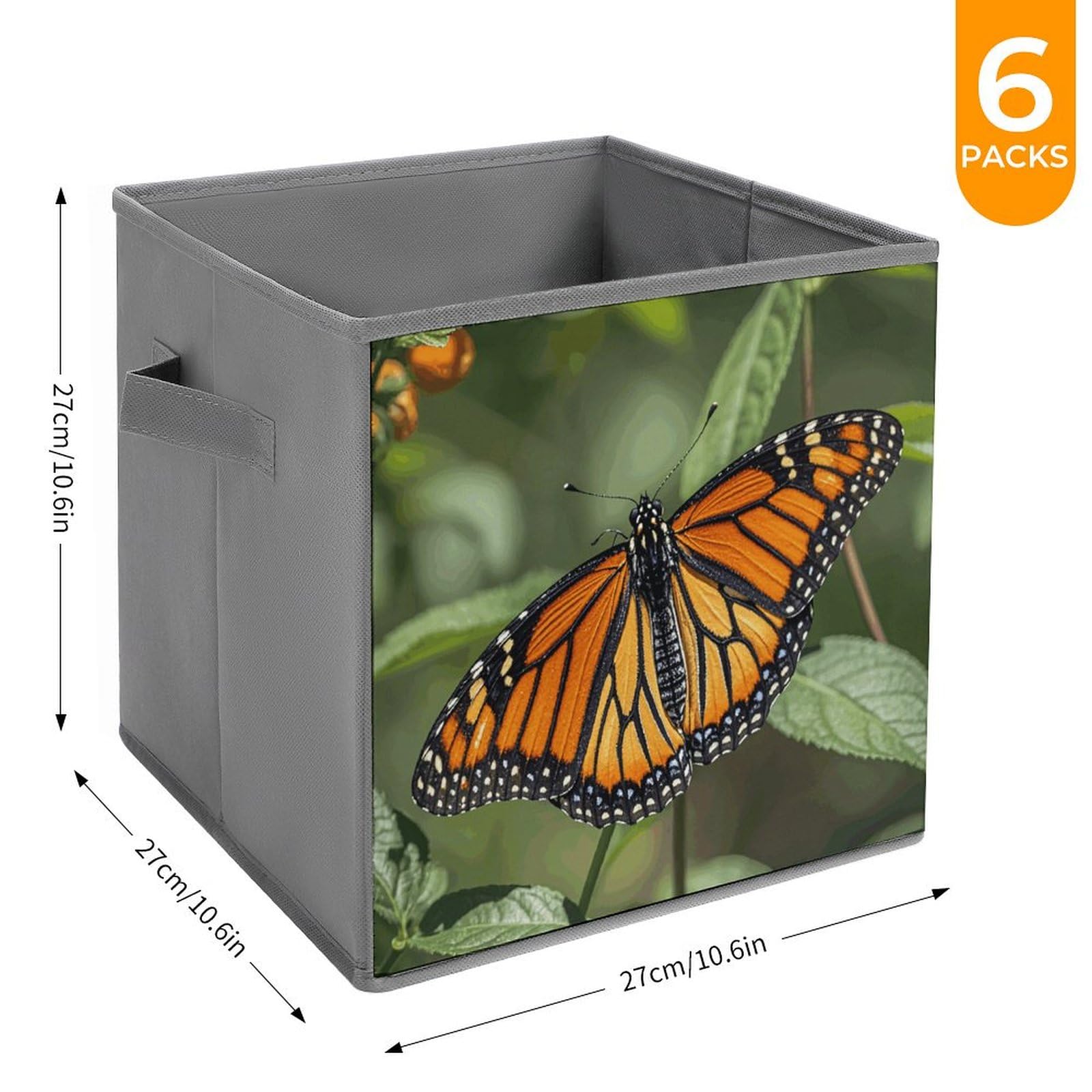 6-Piece Collapsible Storage Bins with Handles - Monarch Butterfly Printed Foldable Organizing Baskets for Shelves, Closet, Pantry | Space-Saving Home Organization Solution for Bedroom, Bathroom & Kitchen Storage